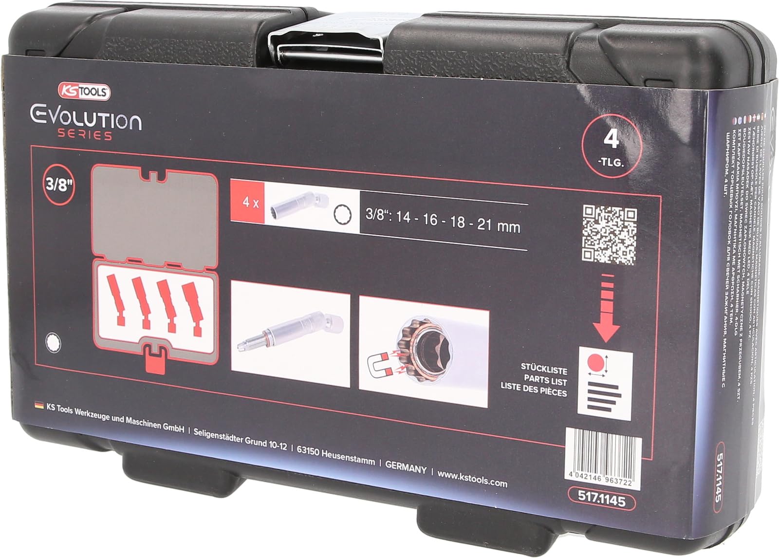 KS Tools 517.1145 3/8 inch bougie-dopsleutelset, 4-delig, magnetisch, met scharnier