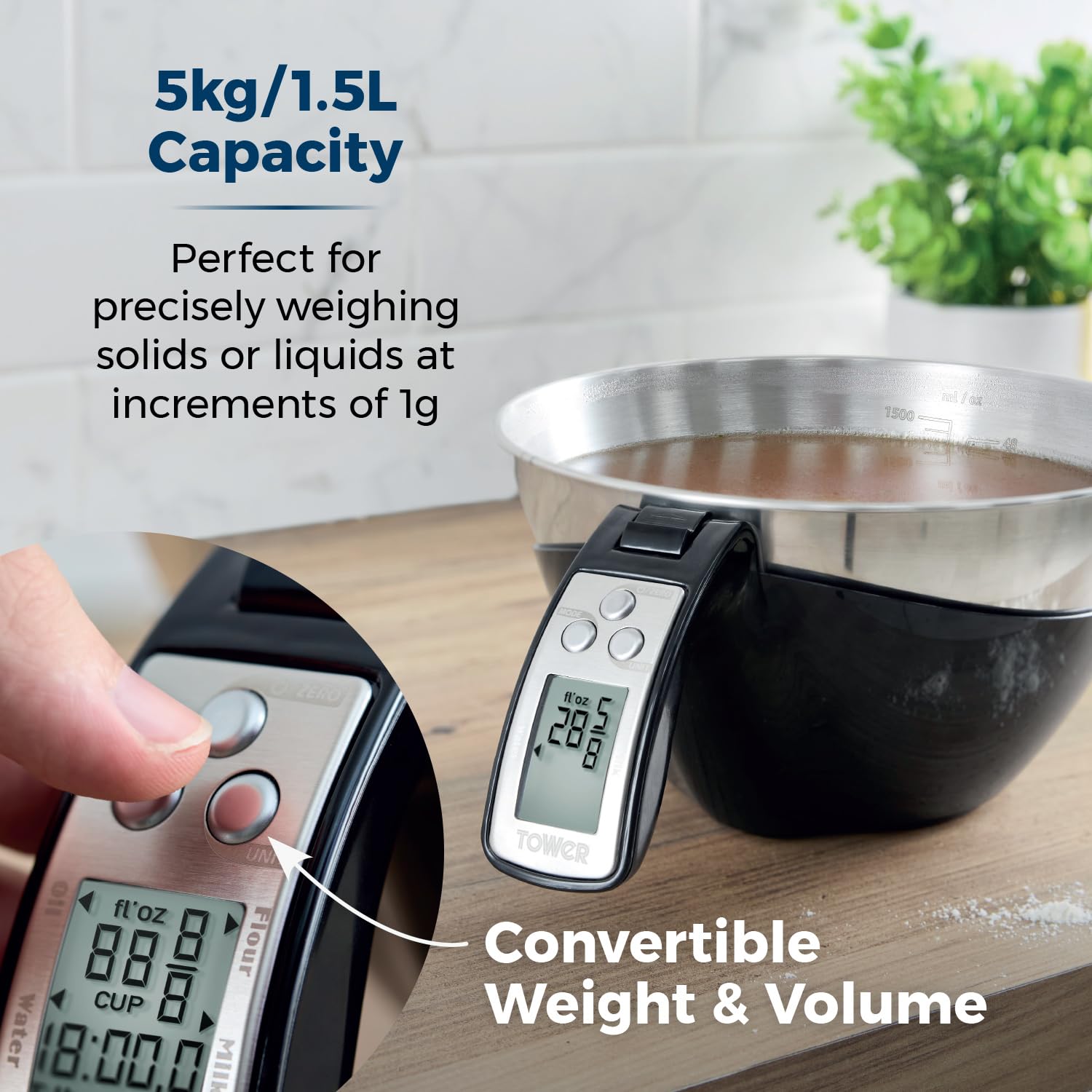 Tower Báscula digital 3 en 1, cuenco de acero inoxidable de 1,5 L, precisión de 1 g, añade y pesa para ingredientes húmedos y secos, modos de peso/volumen convertibles, capacidad de 5 kg, negro