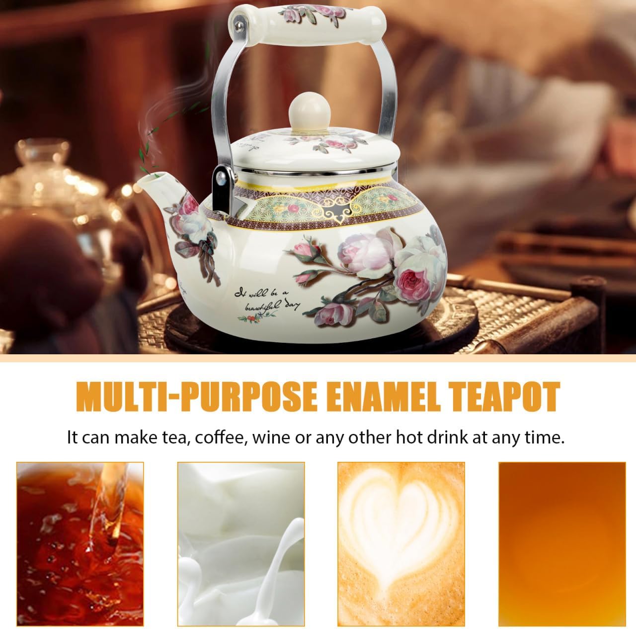 Stove Top Enamel Tea Kettle: Vintage Floral Whistling Tea Pot Farmhouse Water Boiling Pot Household Stove Top Whistling Tea Kettle 2. 5L