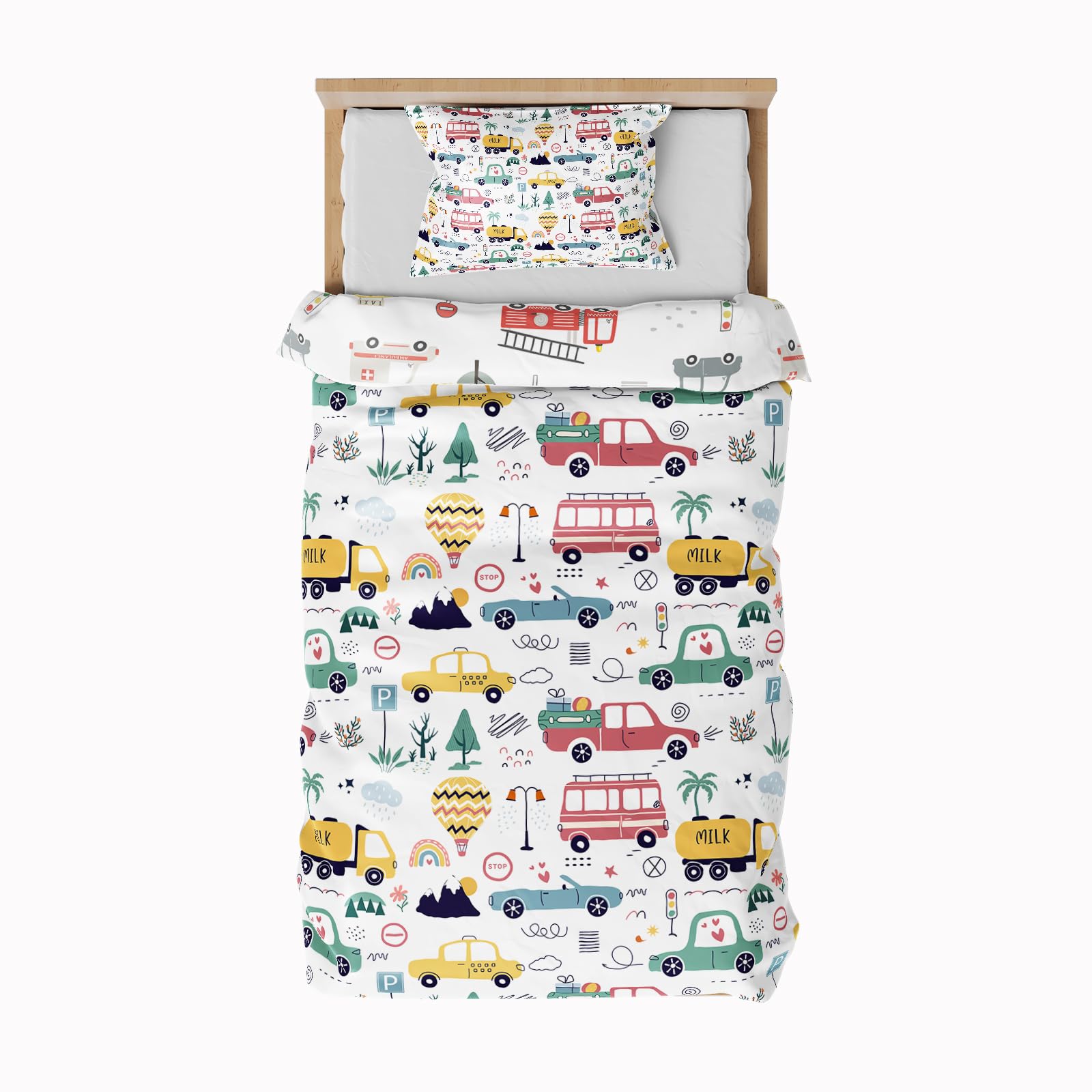 DJDEA Cot Bed Duvet Cover Set, Cartoon Vehicle Reversible Toddler Bedding Set including Zip Closure