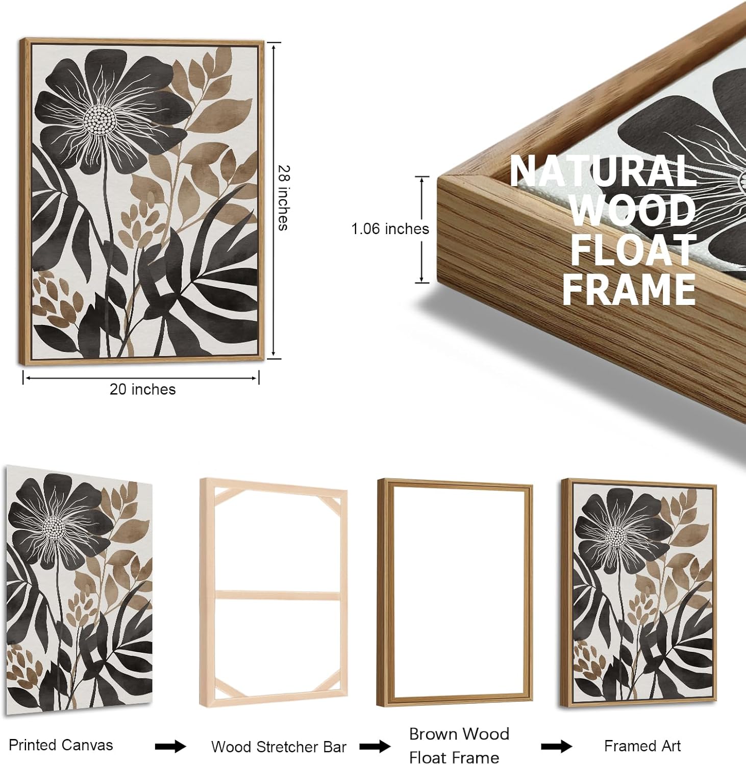 Large Framed Canvas Wall Art - Natural Float Framed Rustic Black Flowers Leaves Pictures Decor Brown Floral Foliage Artwork for Bedroom Living Room Kitchen Home Office Decoration 60" X 28" Set of 3