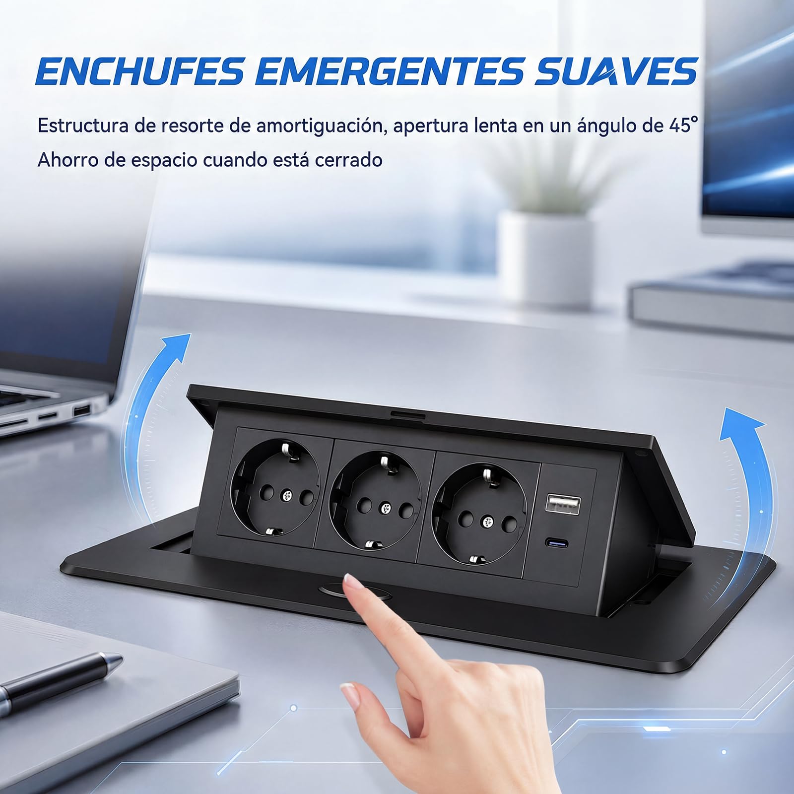 Enchufe Empotrable Mesa, Regleta Empotrable Base Múltiple Retráctil para Escritorio/Mesa Toma Empotrada con 3 Tomas Schuko + 2 USB (1 Tipo A + 1 Tipo C), Cable de 1,8 m, Negro