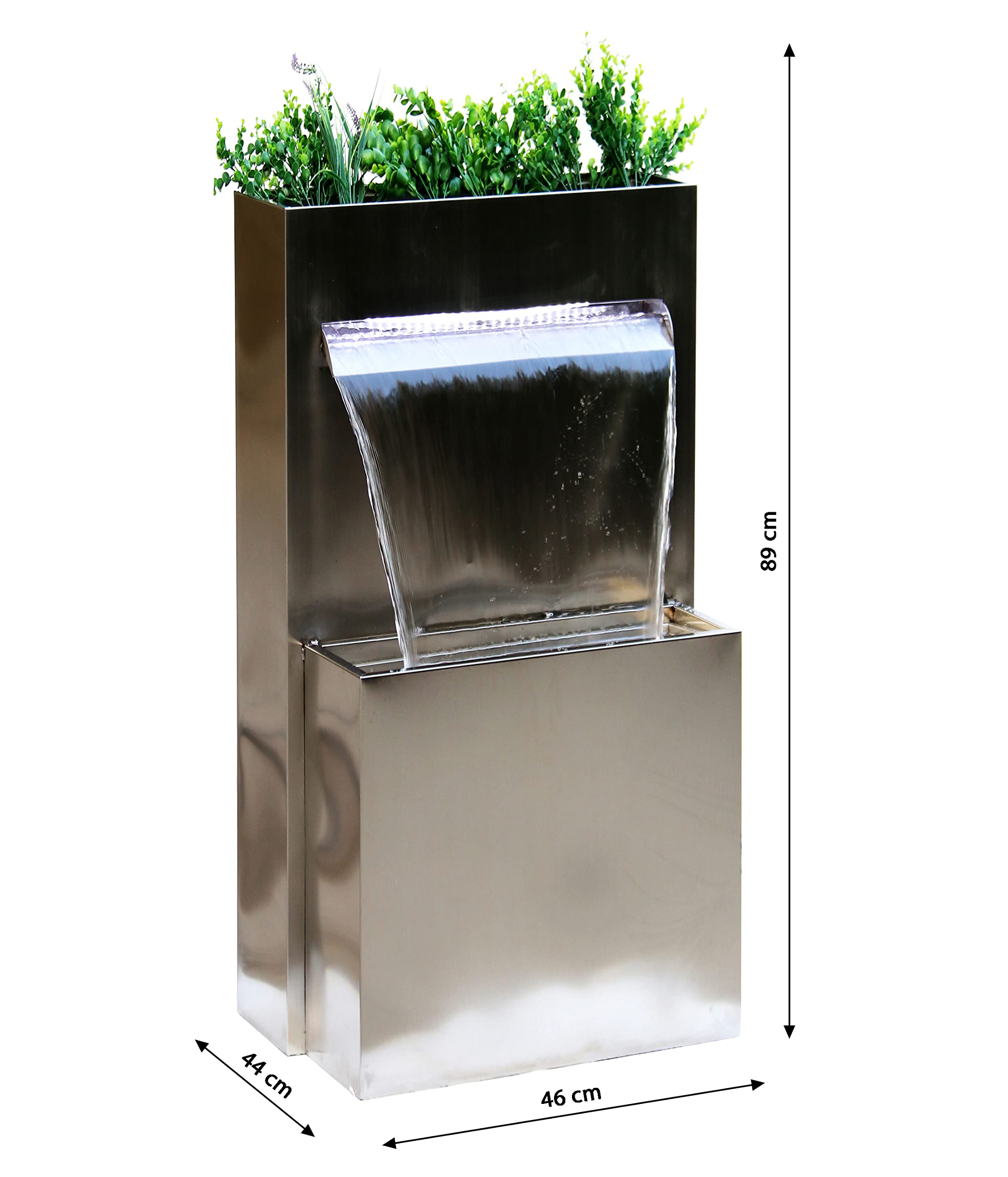 Dehner Gartenbrunnen Dallas, Terassenbrunnen frostbeständig, Brunnen für Außen, mit LED Beleuchtung, ca. 89 x 46 x 44 cm, Edelstahl, Silber