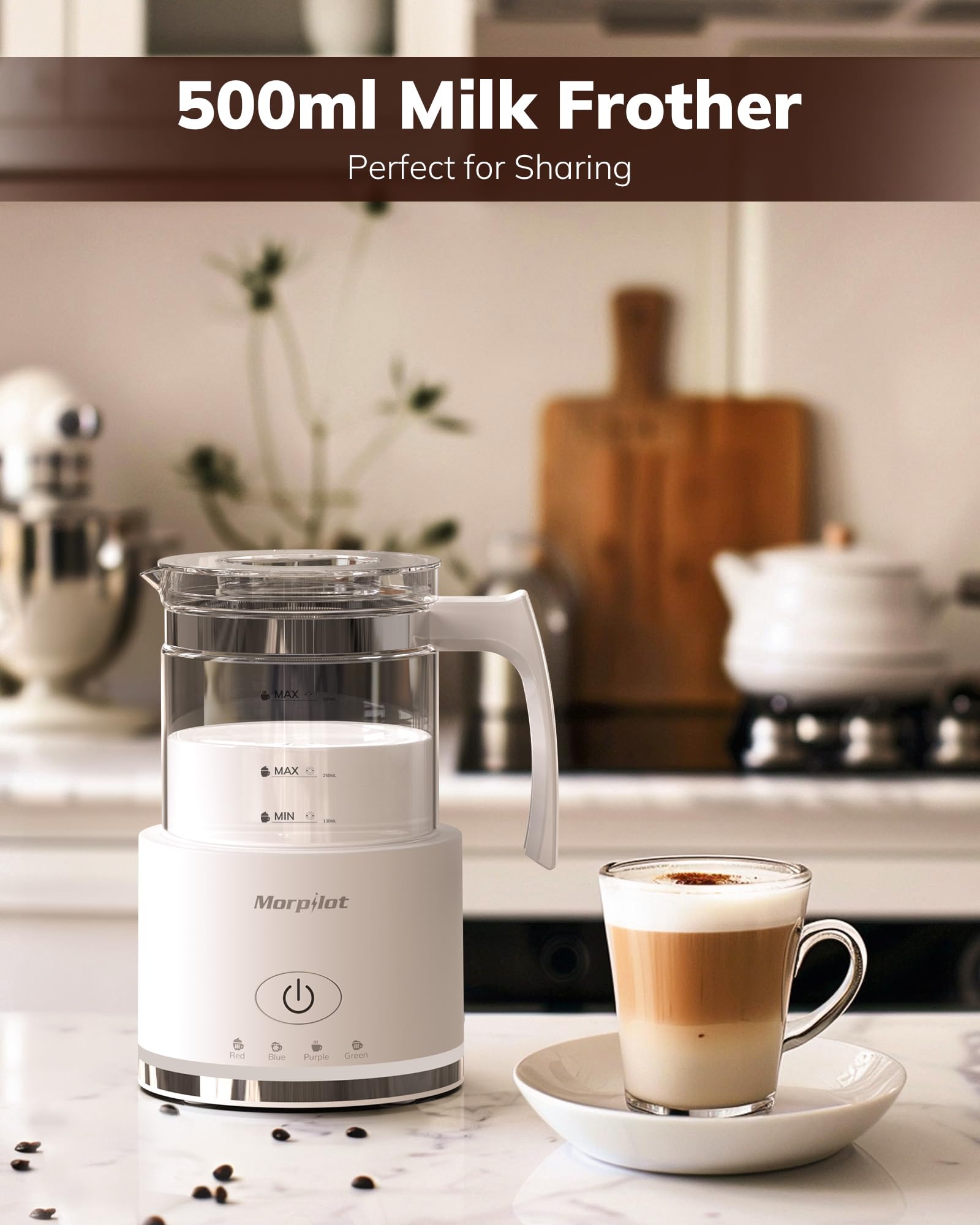 Morpilot Espumador de Leche Eéctrico,500 ml, Calentador de Leche 4 en 1 para Leche Caliente y Fría, Apto para Lavavajillas, Diseño Latte, 600 W, Blanco