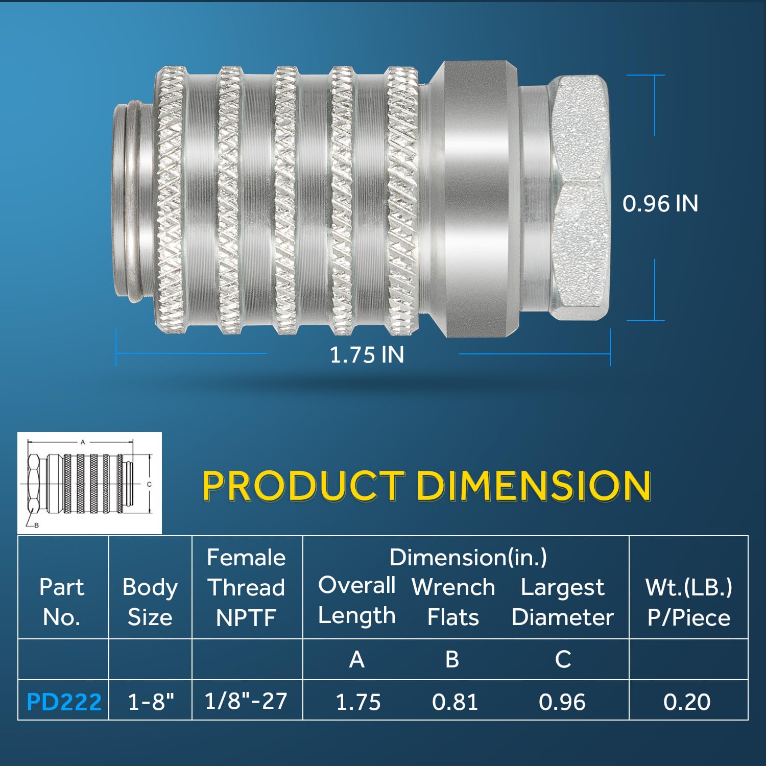 Stalowy port testowy PD serii PD222 i sprzęt diagnostyczny szybkozłączka z żeńskim gwintem do rury, rozmiar korpusu 1/8" - rozmiar gwintu NPTF, długość 4,2 cm