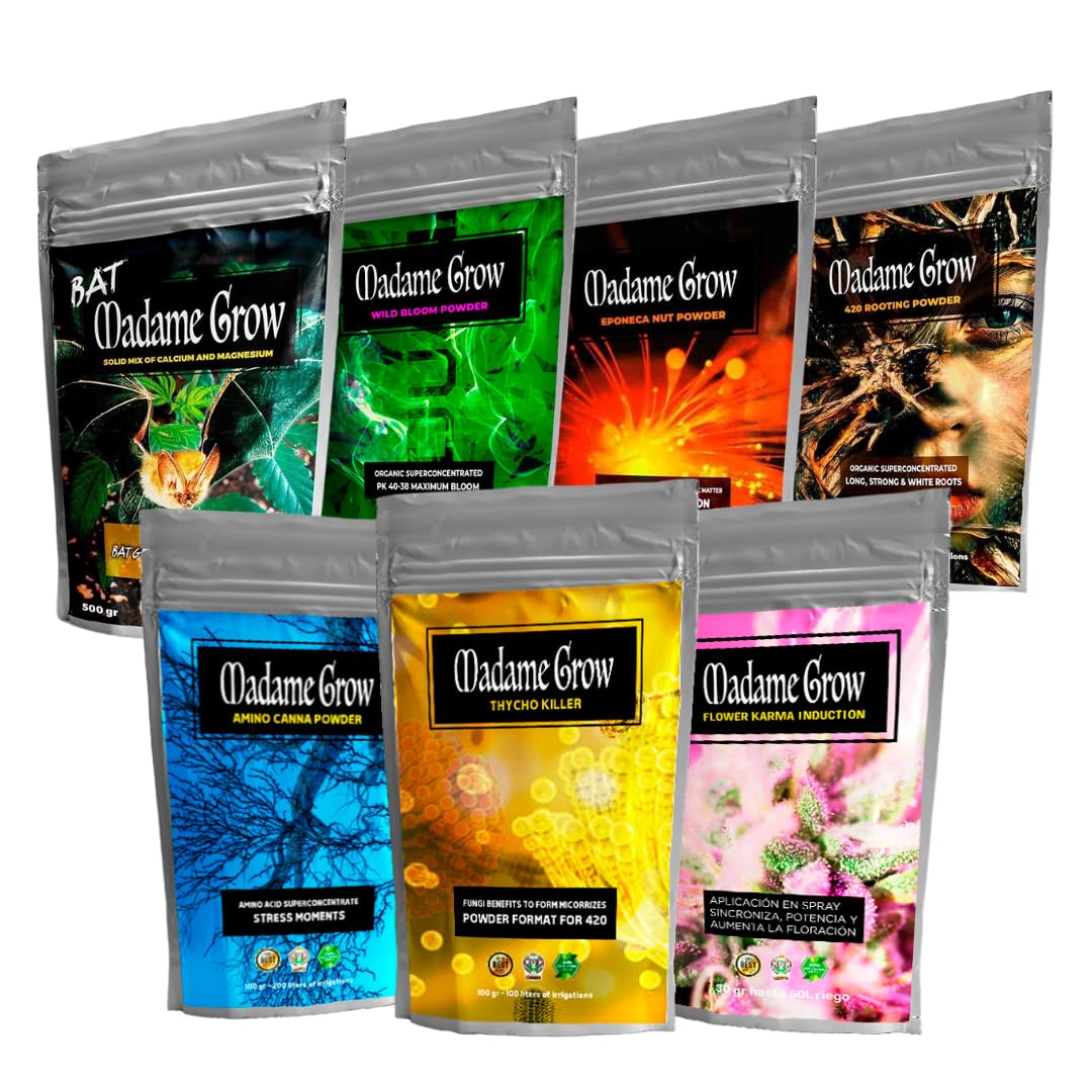 MADAME GROW Pack Flower Karma Induction 30 g + Trycho Killer 50 g + Wild Bloom Powder 100g + Rooting Powder 100 g + Eponeca Nut Powder 100 g + Bat Guano 500 g + Amino 100g, Fertilizantes