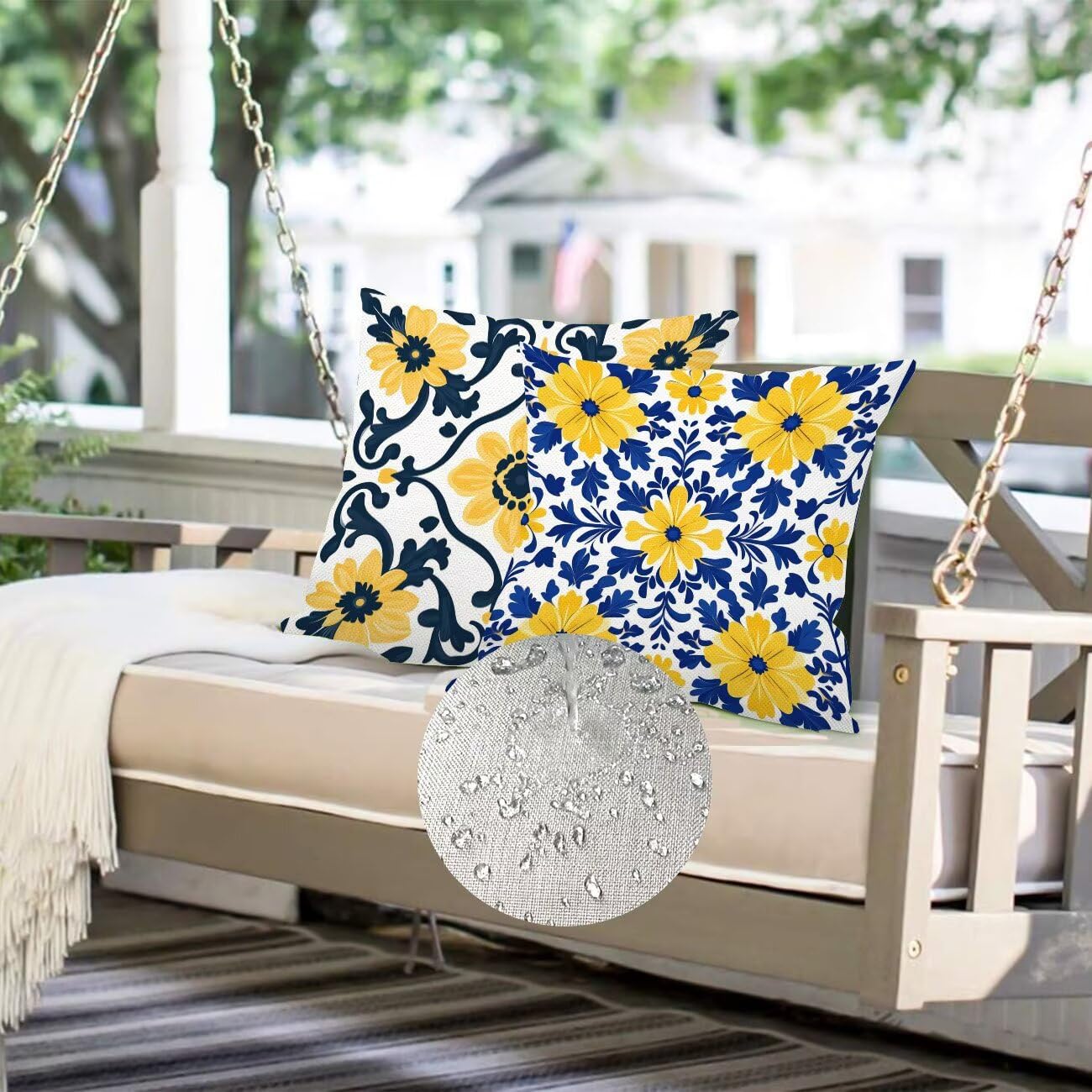 Housse Coussin 45 x 45 cm Lot de 4 Coussin Canape Rural Bleu Decoration Canapé d'extérieur, avec Fermeture éclair Caché, Imperméable Lin Coussincarré pour Extérieur Maison Chaise Jardin Salon m-486