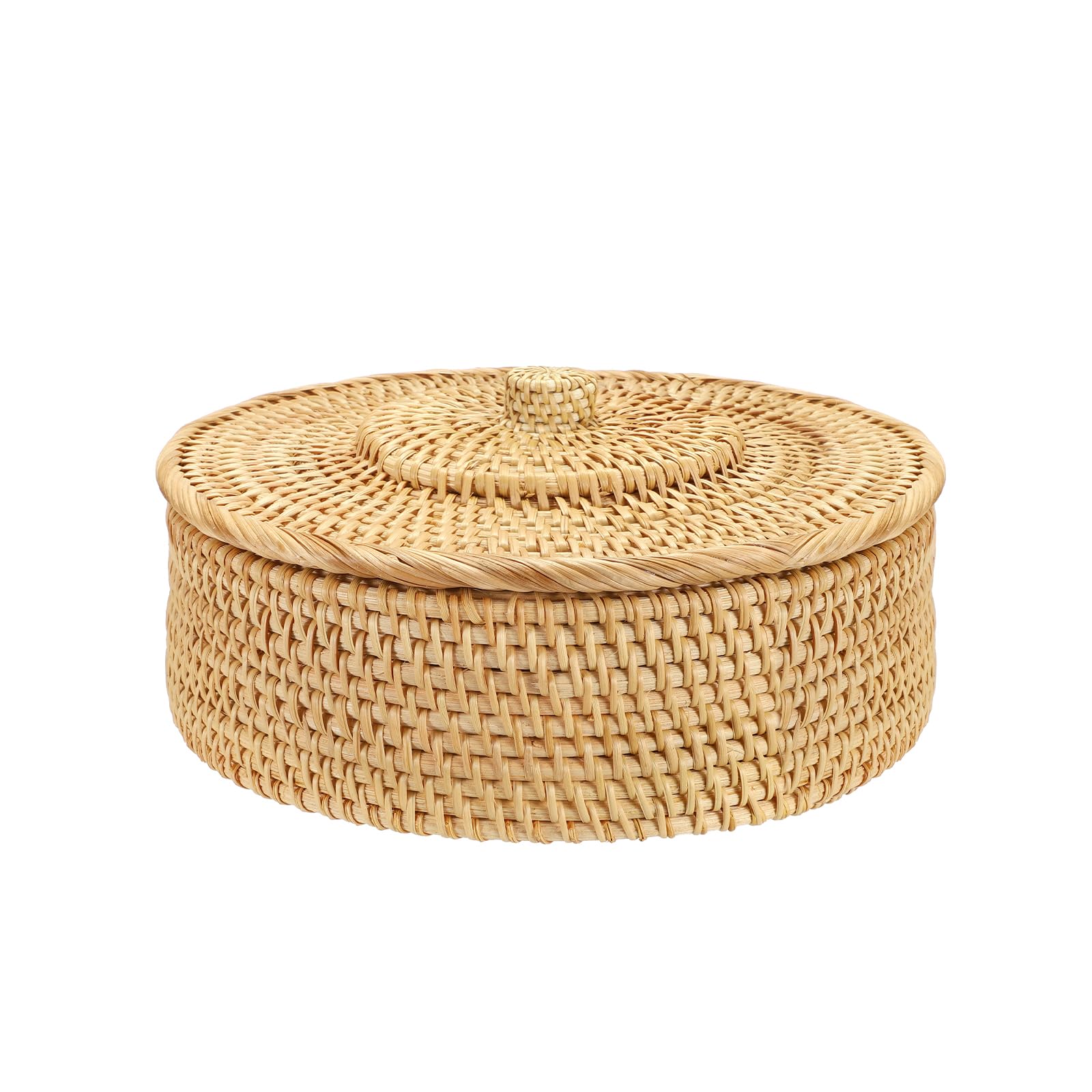 SUMTree Rattankorb Aufbewahrungskorb mit Deckel Dekorative Box Organizer für Regal, Haus, Küche (rund, 26 x 9 cm)