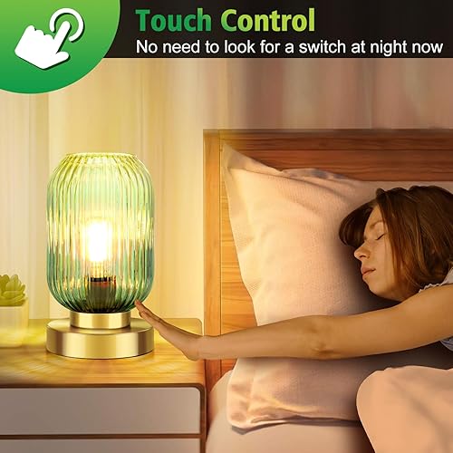 Miniatura 2 de Lámpara de mesa moderna de mediados de siglo, control táctil y regulable de 3 vías, cristal verde, dorado pequeño, lámpara de noche vintage para