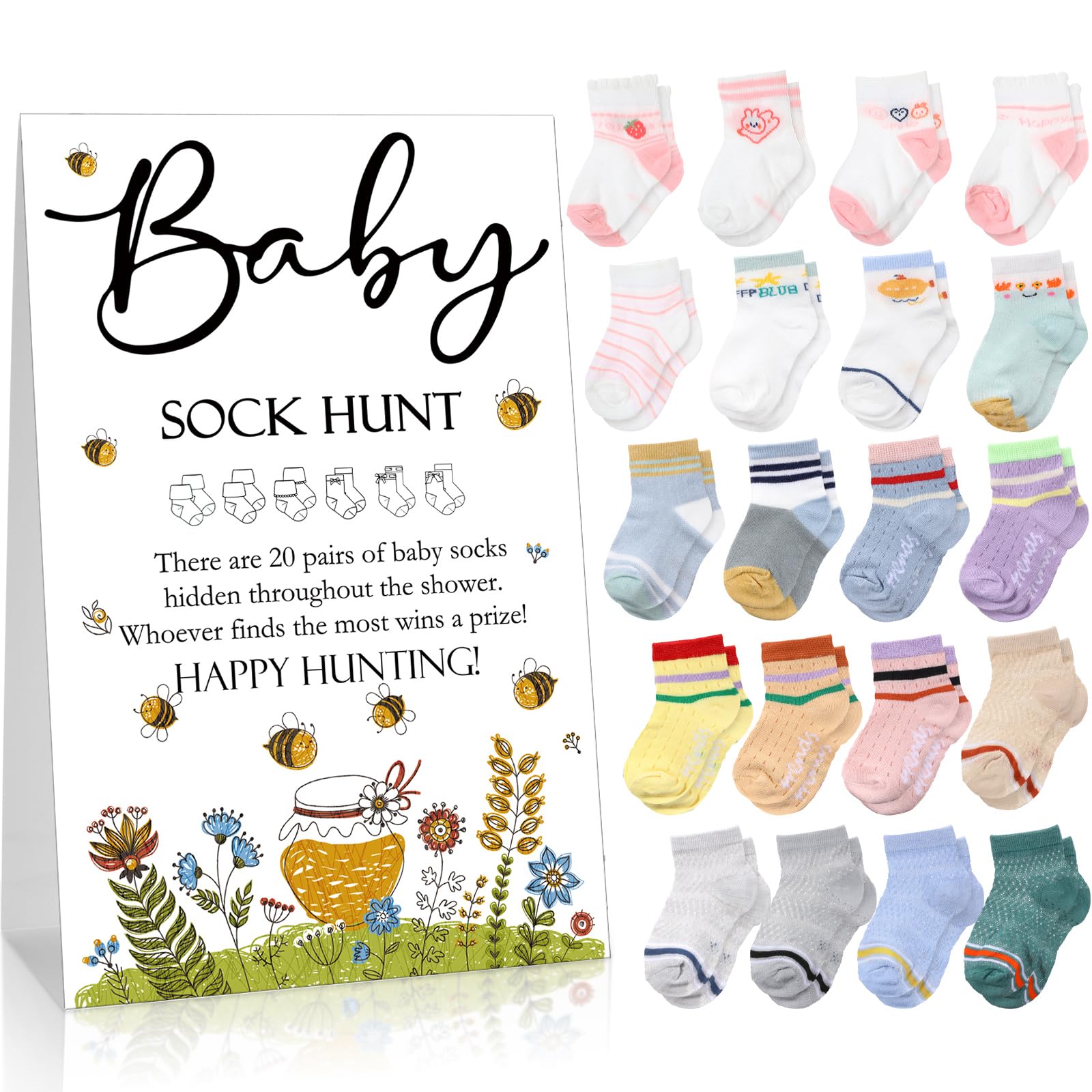 Hoteam 21 Pcs Baby Shower Games Include Baby Sock Hunt Sign and 20 Pair Small Cotton Socks Wooden Table Sign with Holder for Gender Reveal Party