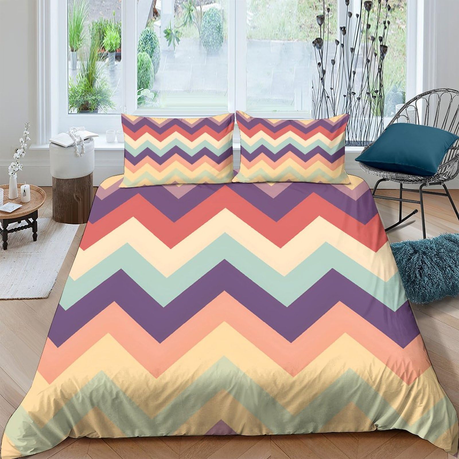 Ctjqhvkz Style-2 3D Printed Retro Chevron Fitted Sheet Microfiber Soft Multicolor Zigzag Bed Cover For Bedroom Guest Room Decor Single（135X200cm）