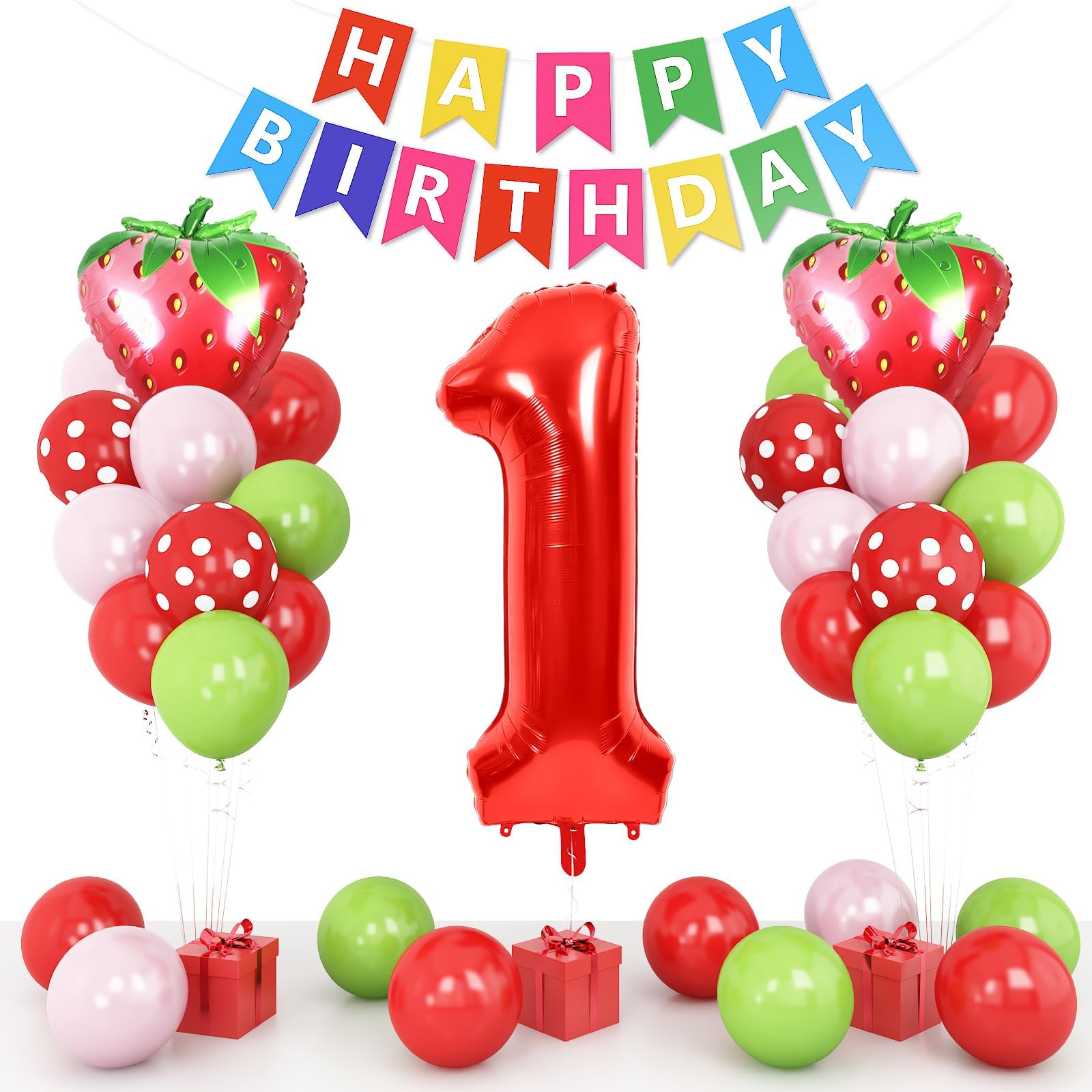 1st Strawberry Birthday Decorations for Girls, Red Pink Green Balloon with 40 Inch Number 1 Strawberry Foil Balloons Birthday Banner for Sweet One Baby Shower Berry First Birthday Party DecorationCarbonfree Certified