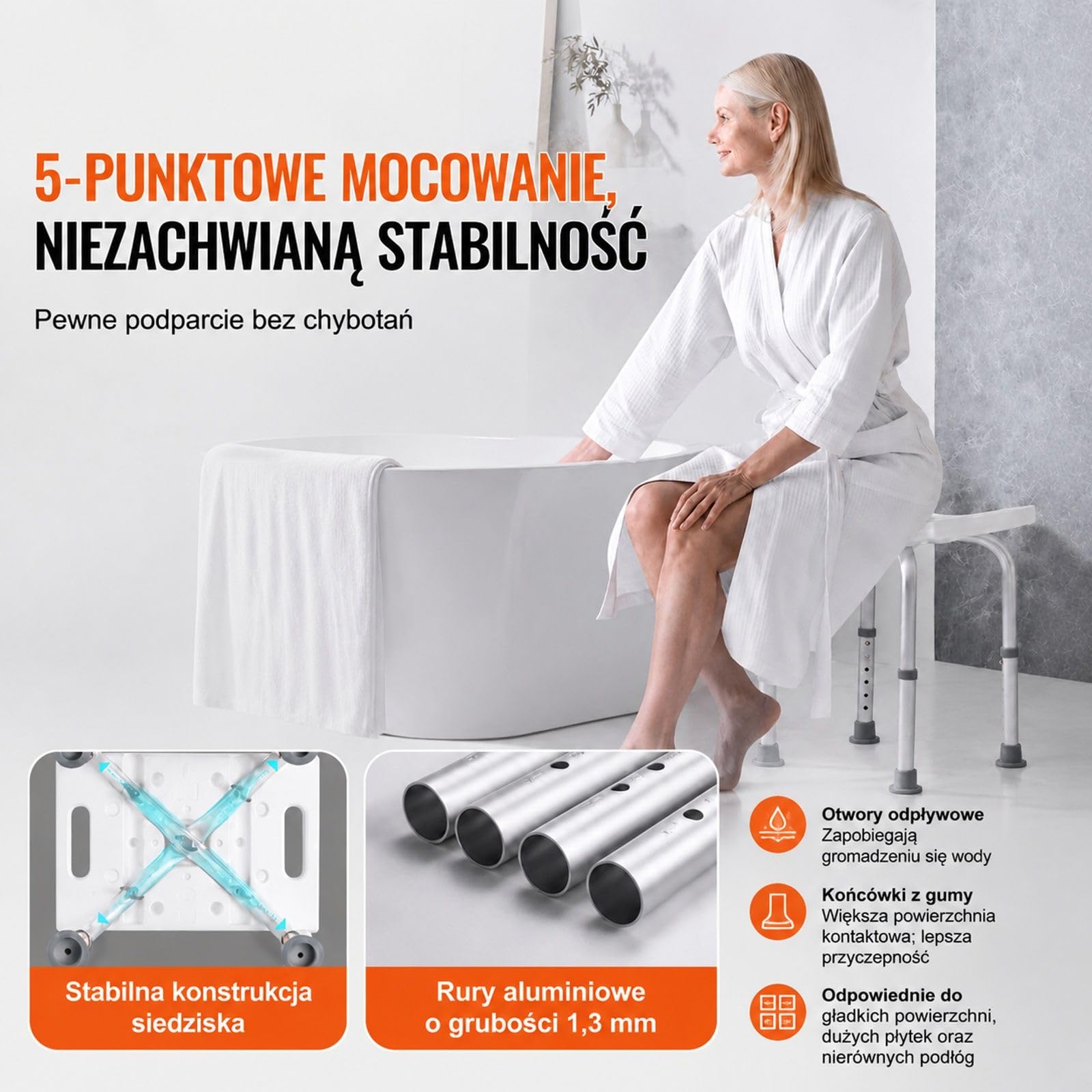 Taboret prysznicowy z regulacją wysokości, białe wygięte siedzisko PE i rama ze stopu aluminium do łazienki oraz wanny