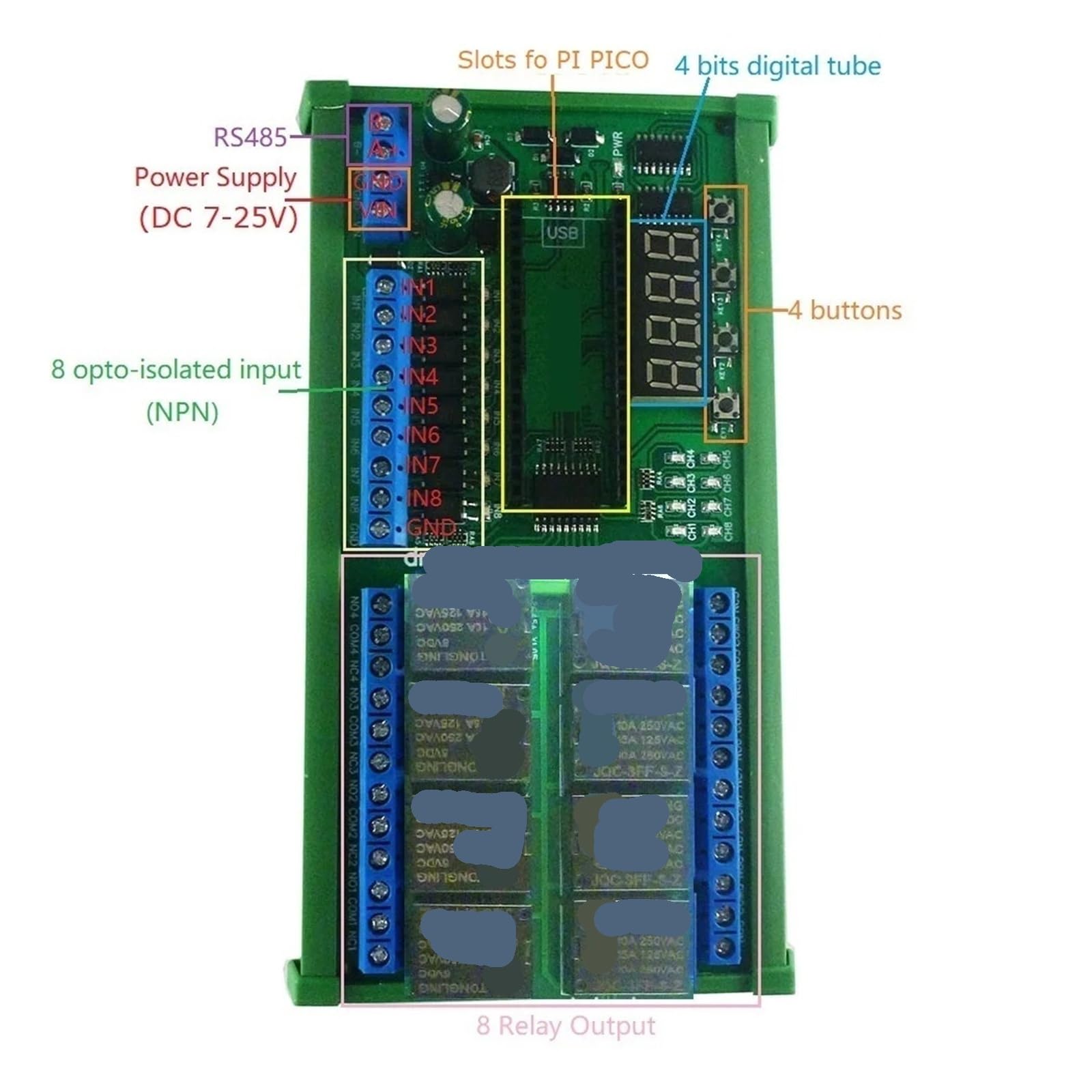 DN33C08 8ch RS485 PLC IO Scheda Espansione Modulo relè ritardo multifunzione per RasPi RPI Pico Python C++