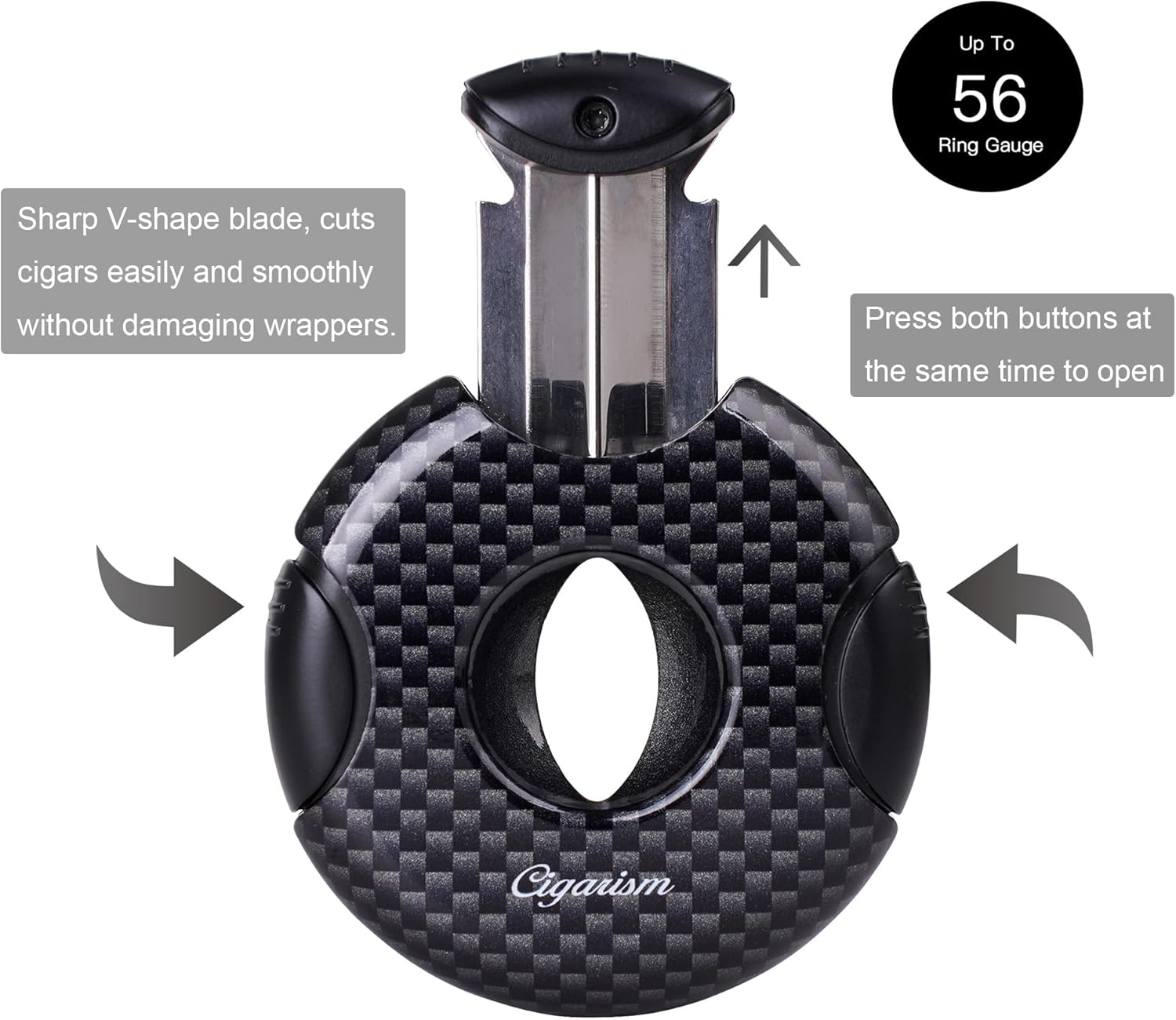 Carbon Fiber Style Cigar Lighter Cutter Set, Double Torch Flame W/Cigar Punch, Rould V-Cut Up to 56 Ring Gauge (Black)