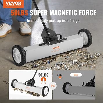VEVOR 50Lbs Rolling Magnetic Sweeper with Wheels, 24-inch Large Magnet Pickup Lawn Sweeper with Telescoping Handle, Push-Type Magnetic Pick Up Sweeper, Easy Cleanup of Workshop Yard Garage