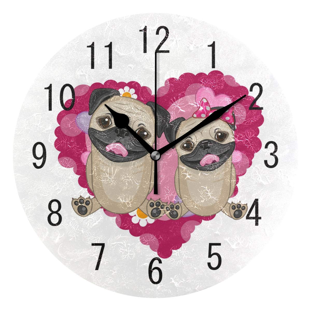 Use7 Home Decor Cartoon Pug Puppy Dog Love Heart Round Acrylic Wall Clock Non Ticking Silent Clock Art for Living Room Kitchen Bedroom