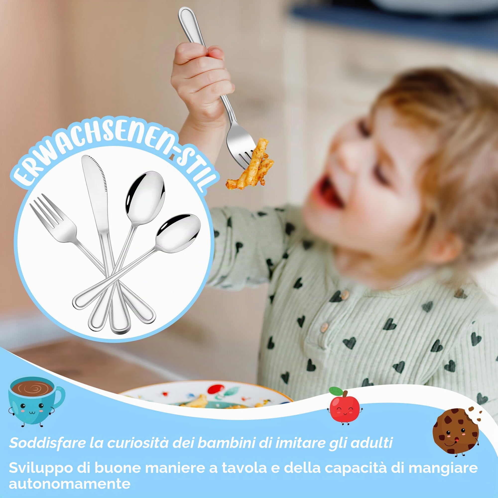 HaWare Set di 8 posate per bambini in acciaio inox (16, linee semplici)