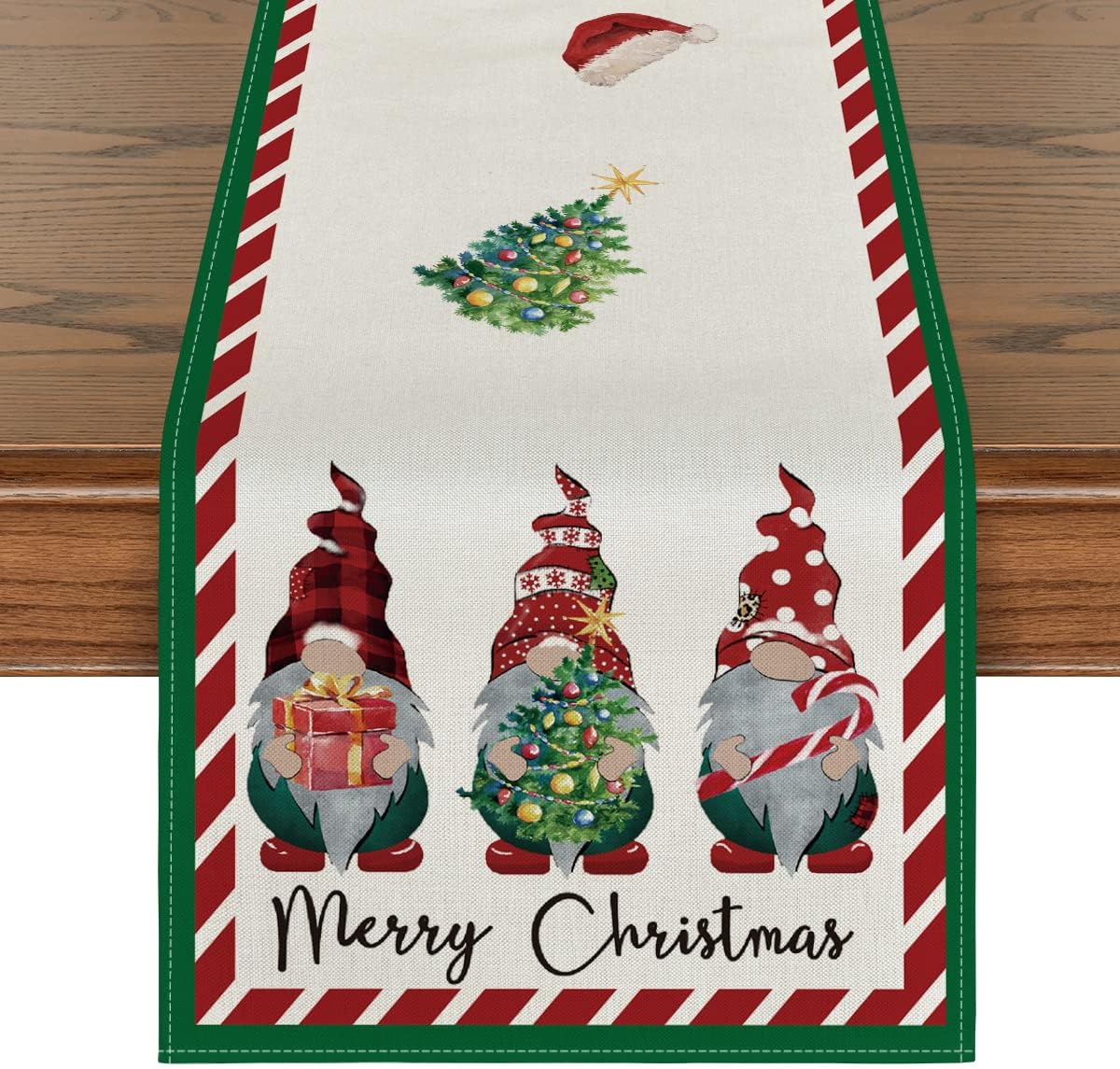Artoid Mode Buffalo Plaid Polka Dot Gnomes Table Runner Gift Tree Candy Canes, Seasonal Winter Christmas Holiday Kitchen Dining Table Decoration for Indoor Outdoor Home Party Decor 13 x 72 Inch