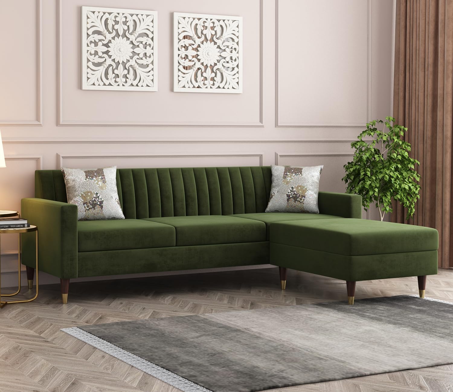 GFH 4 Seater Interchangeable L Shape Sofa Set For Living Room | 4-Person Upholstered Sofa Set With Wood Frame For Home And Office Guests | Dark Olive Green-image-17
