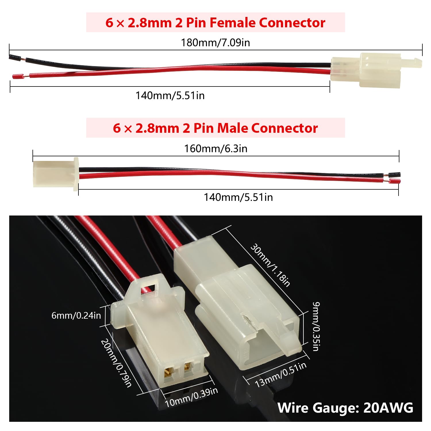YIXISI 6 works 2.8mm 2 Pin Automotive Electrical Wire Connectors, Male and Female Housing Connector with 140mm 20 AWG Cable - Image 2