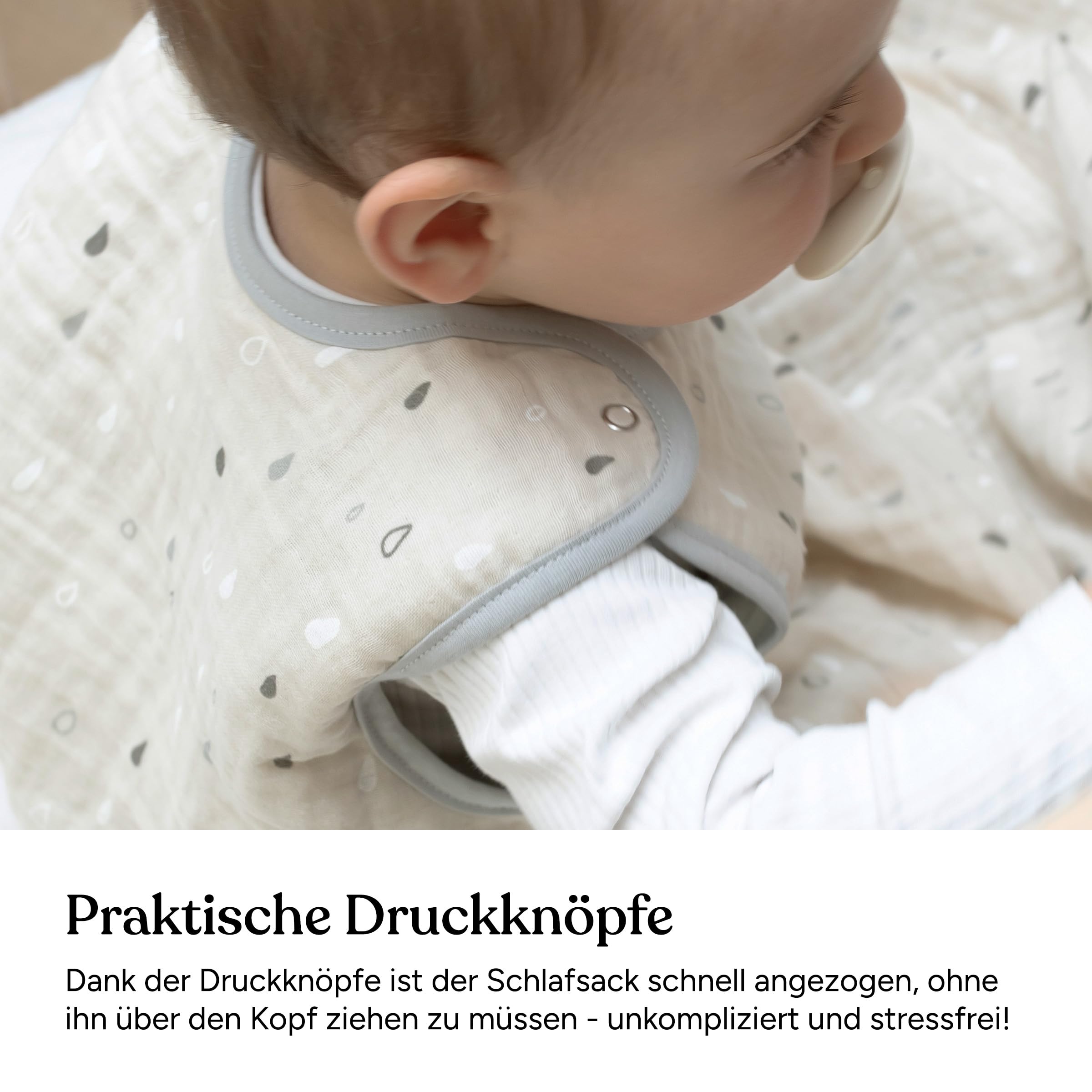 Ehrenkind® Baby Sommerschlafsack Rund Musselin | aus weicher OEKO-TEX zertifizierter Bio-Baumwolle | Sommer Baby Schlafsack Baby 1 TOG Gr. 50/56 Natur-Graue Tropfen