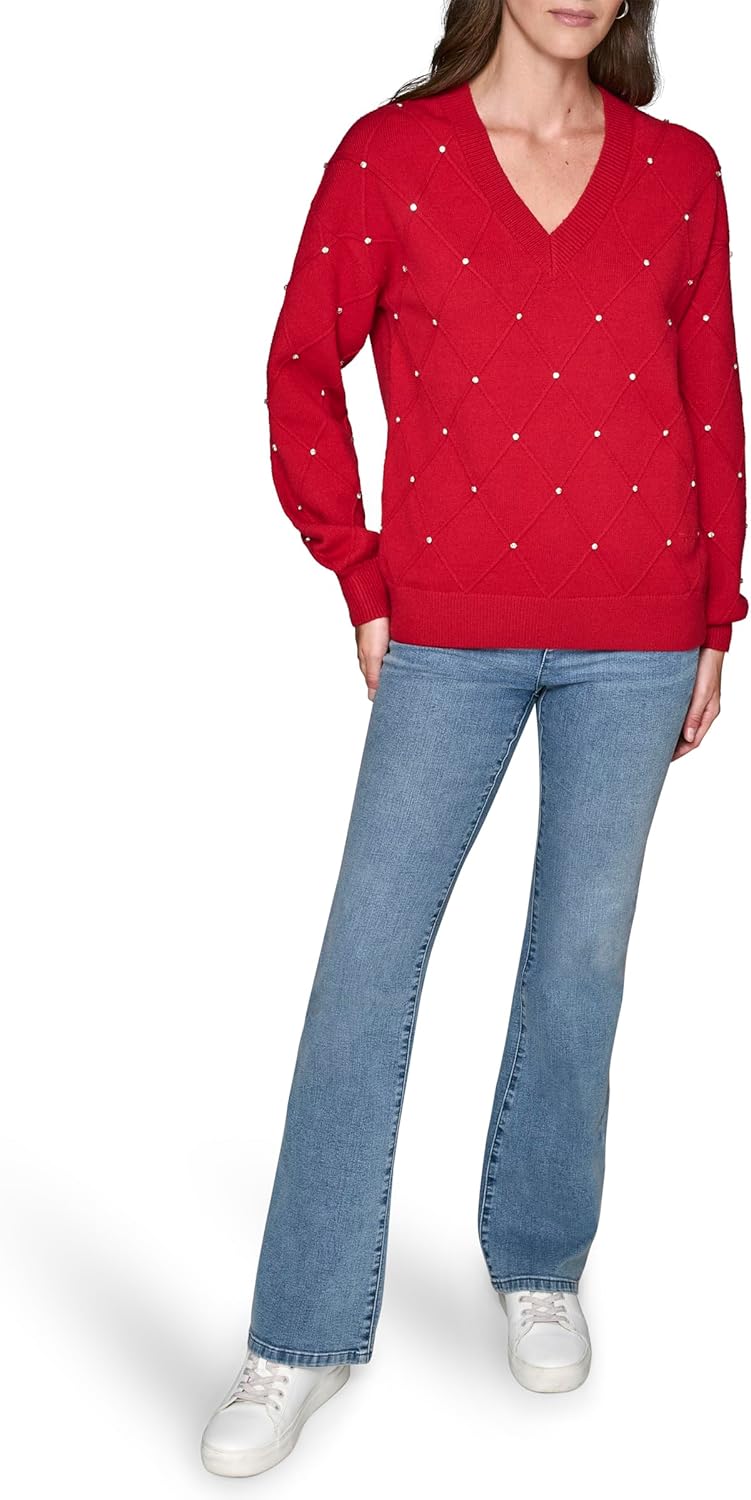 KARL LAGERFELD womens Long Sleeve V-neck Crystal Detail Sweater - Image 4