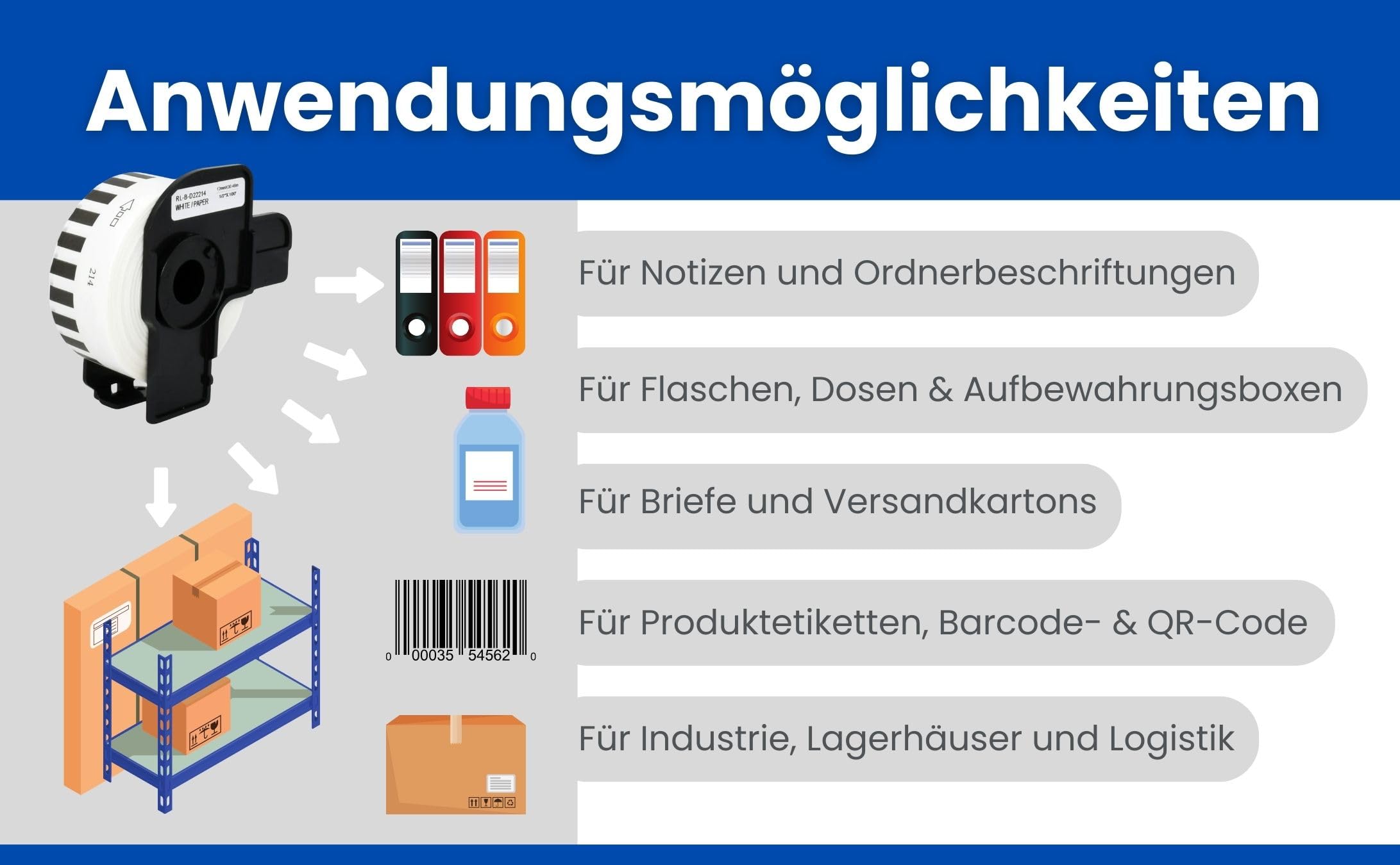 12 Rollen DK-22214 Endlos-Etiketten (12mm x 30,48m pro Rolle) Schwarz auf Weiß, Kompatibel mit Brother QL-Druckern, Thermopapier für klare Adress-Labels, Adressetiketten, Bilder und Barcodes