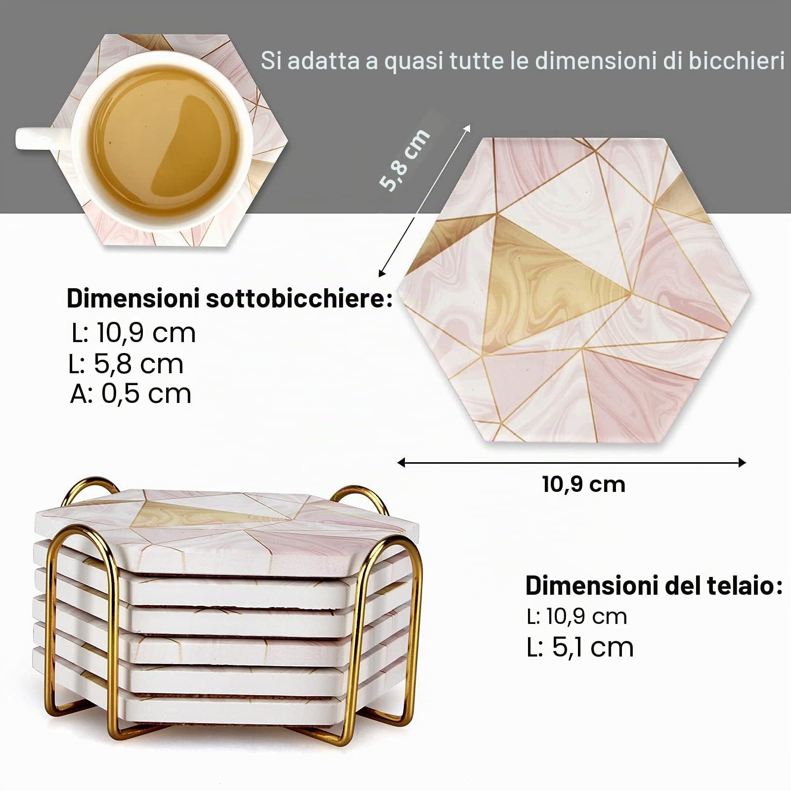 6 sottobicchieri in marmo rosa con supporto sottobicchieri assorbenti oro sottobicchieri esagonali in ceramica sottobicchiere da tavolo Ser decorativo bar sottobicchieri per vino