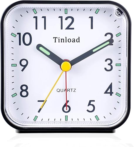 Tinload Reloj despertador analógico con batería pequeño silencioso sin tictac, sonidos de pitido ascendente, repetición, funciones de luz, fácil de