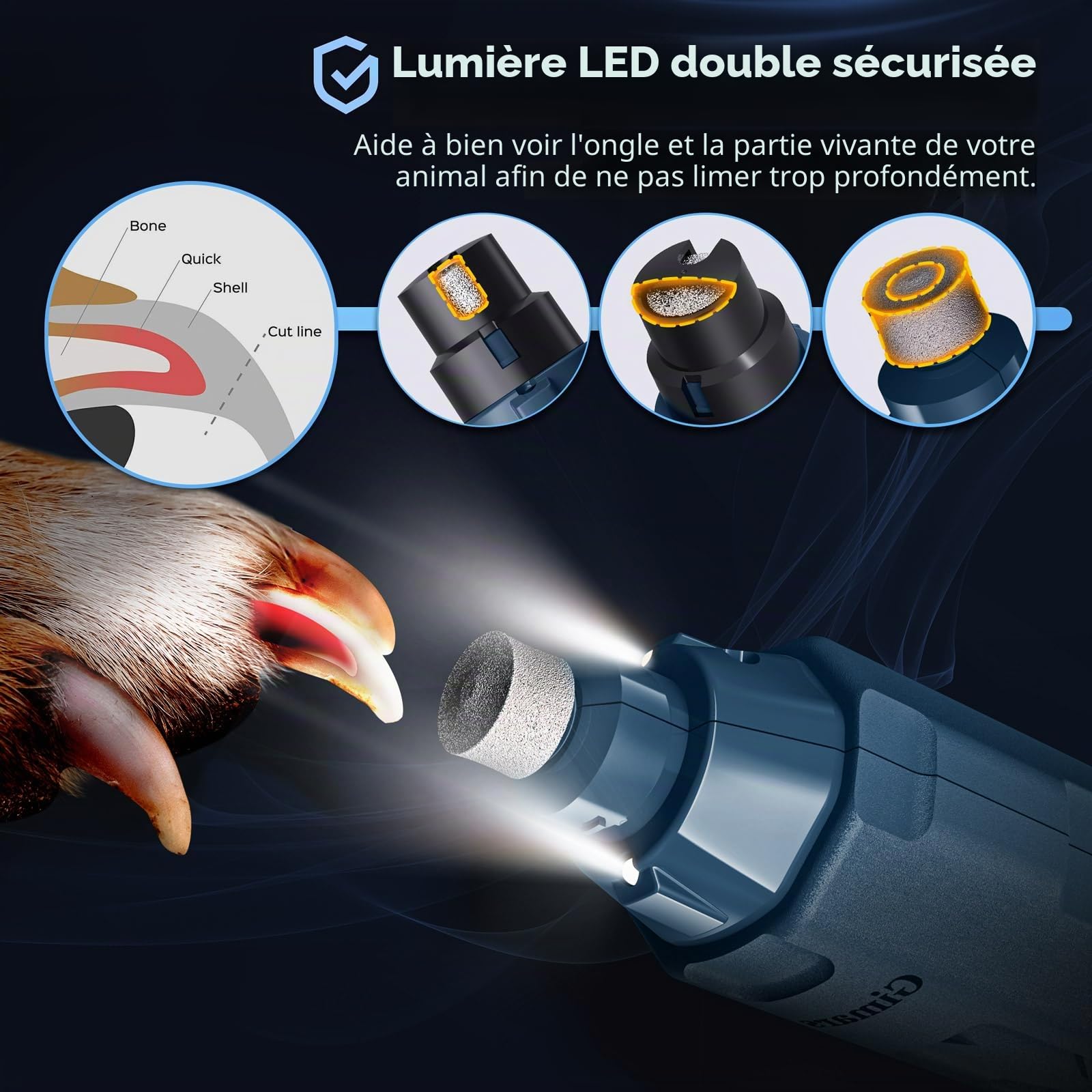 Gimars Lime à Ongles pour Chien Réglable 6 Vitesses Broyeur à Ongles pour Chien avec Double Lumière LED, Broyeur à Ongles pour Animaux De Compagnie, Rechargeable Lime Ongles Chien par USB