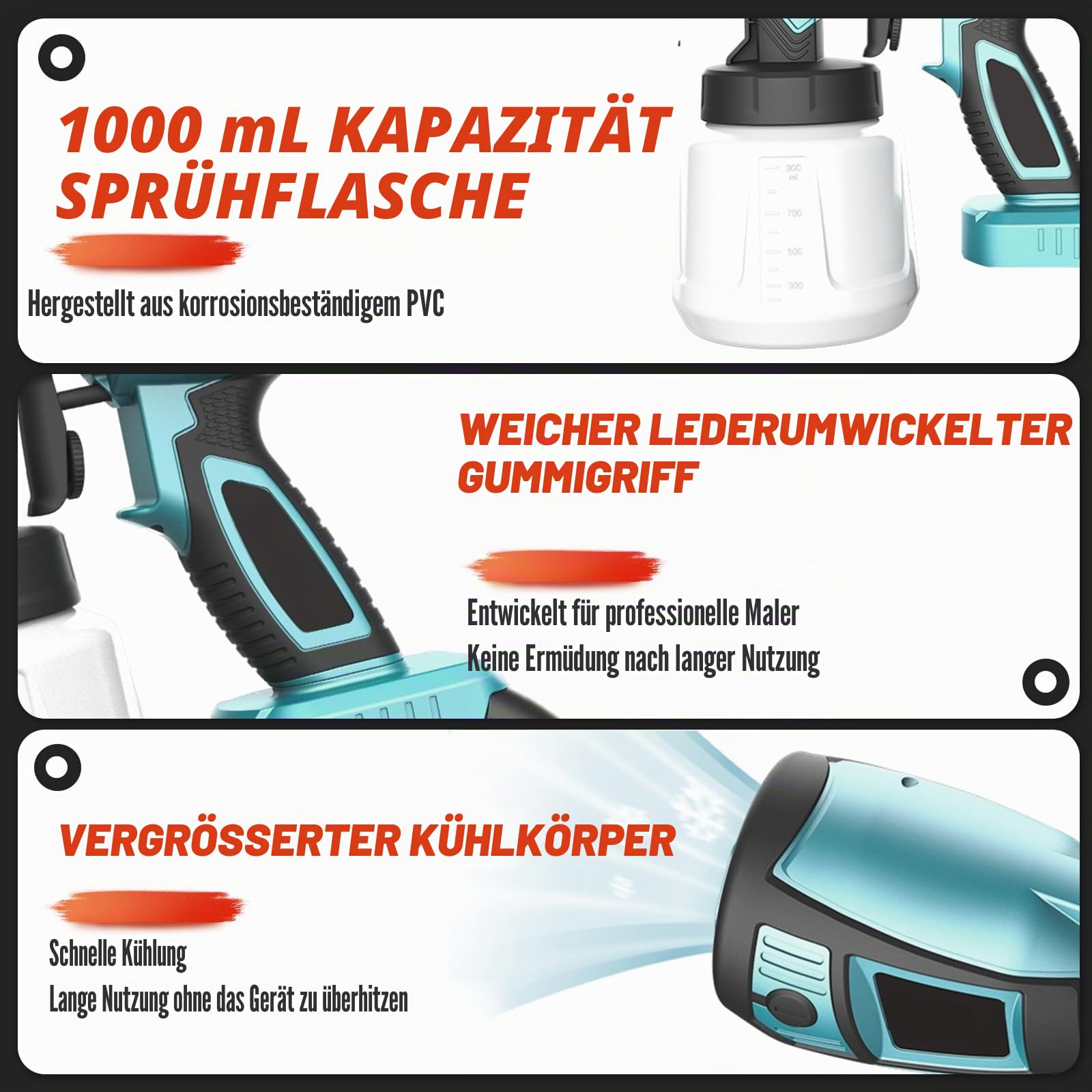 Akku Farbspritzpistole mit 2X 3000Mah Akku & Ladegerät– 1000ml Behälter, 3 Düsen (1.0/1.8/2.5mm), Kupferdüse & -Nadel, langlebiger PVC-Behälter – für Wände, Türen, Holz, Metall, Zäune