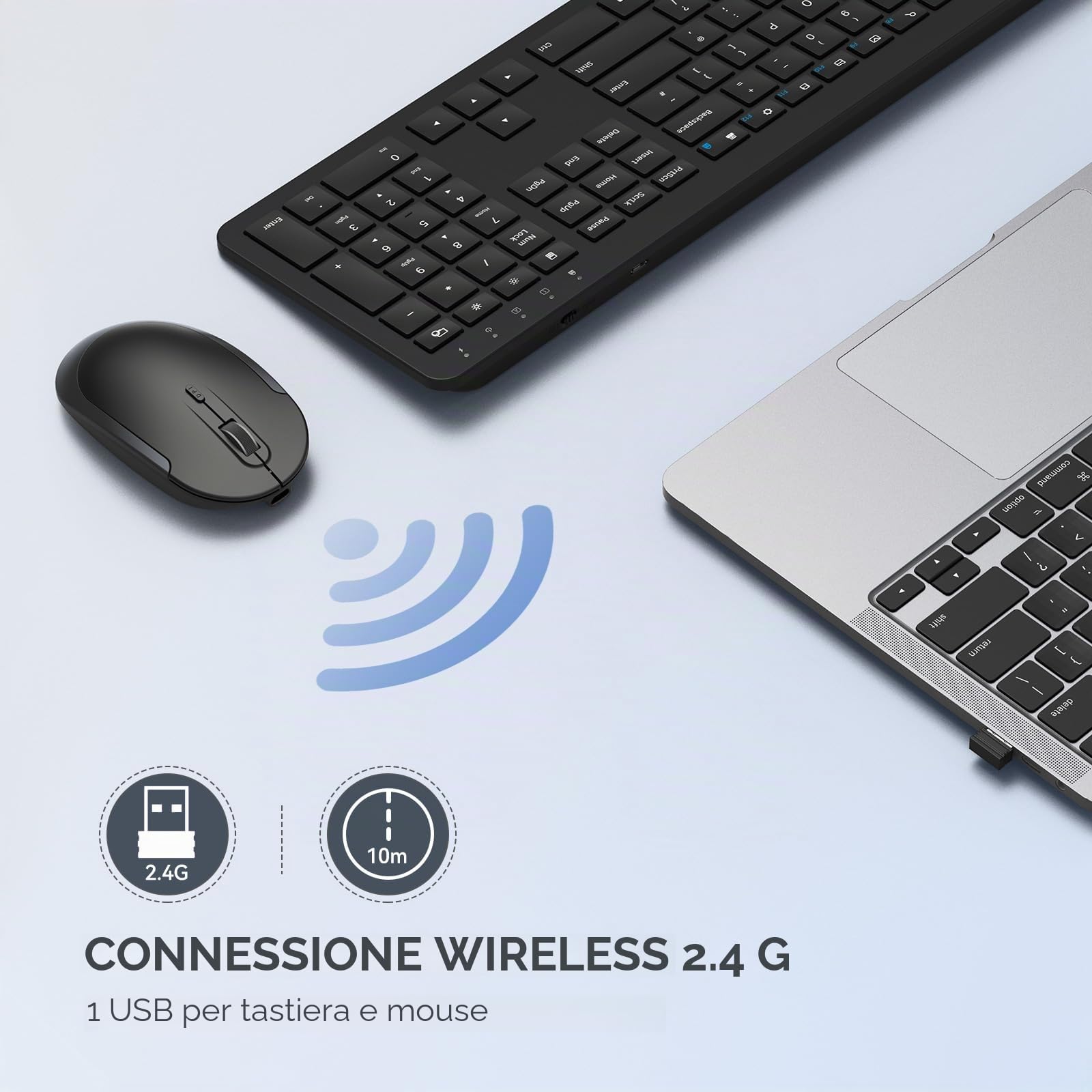seenda Tastiera e mouse wireless ricaricabile, SK38-3, ultra sottile, silenziosa, USB per computer portatili Windows, PC, layout QWERTY UK, nero