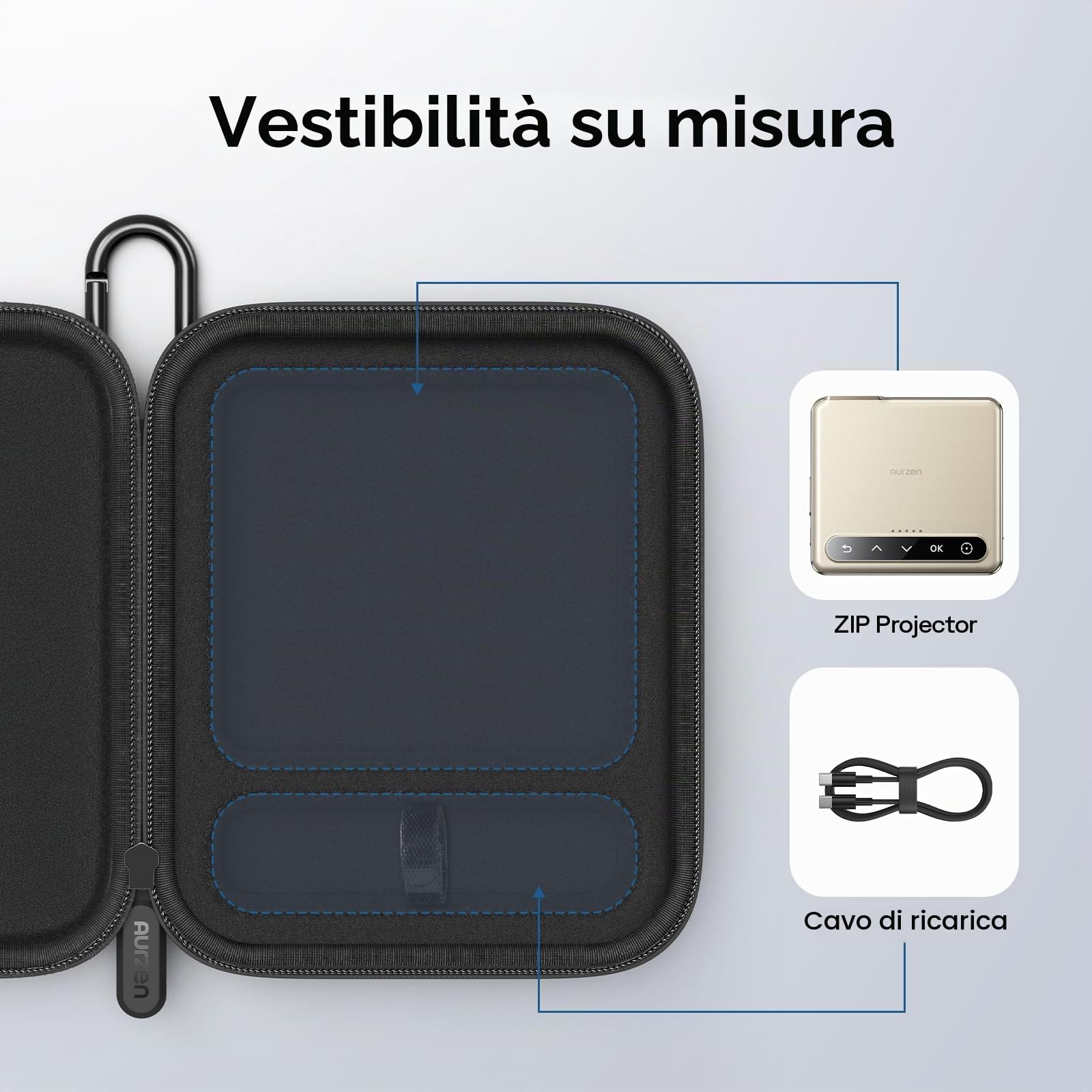Aurzen Custodia CasePlay per Mini Proiettore ZIP Ultra-Portatile con Cavo di Ricarica USB-C – Impermeabile, Antiurto, Perfetta per Ogni Situazione in Movimento