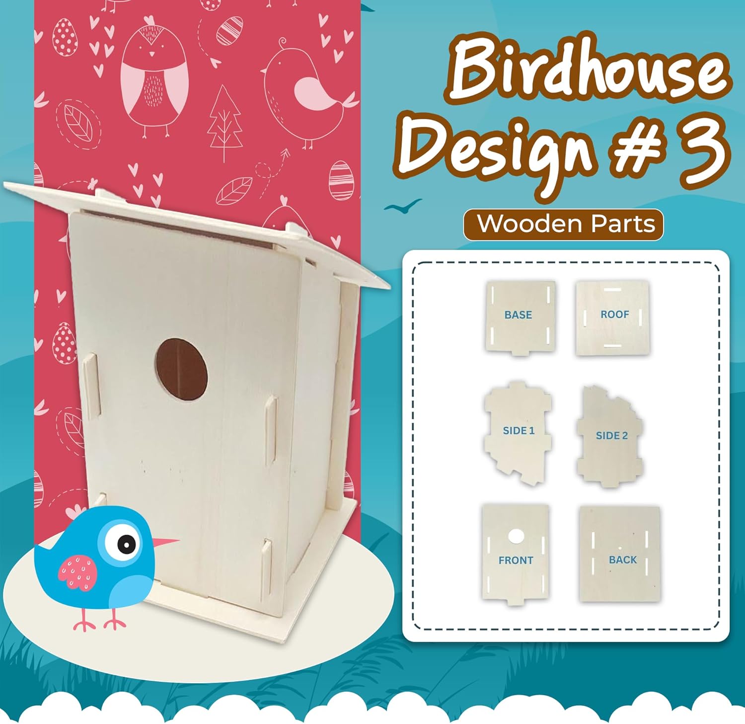 Podzly Kids Wooden Birdhouse Craft Kit - 12 DIY Bird House Kits - Bulk Arts and Crafts Set - Wooden Houses to Paint, Build, and Personalize - Perfect Kids Crafts Activity with 3 Designs to Enjoy