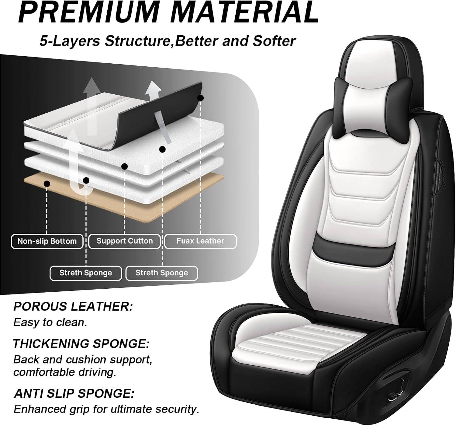 Car Seat Covers Full Set for Subaru Crosstrek 2016-2025, Waterproof Nappa Leather Car Seat Cover with Headrests, Anti-Slip & Comfortable Car Seat Protector&Accessories(Black White)