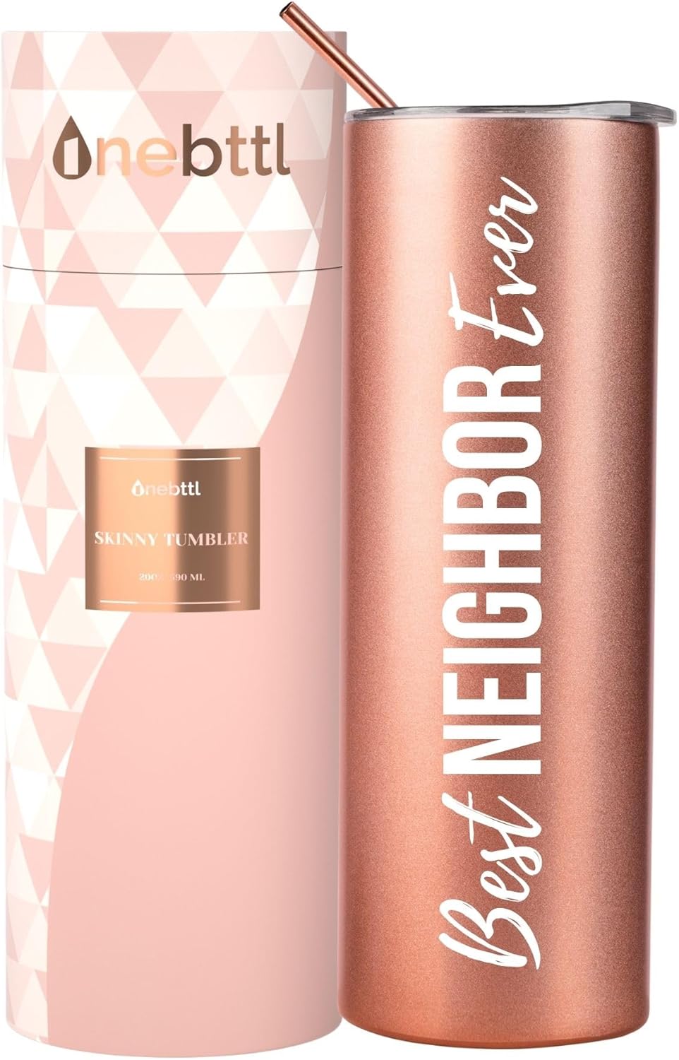 Onebttl Neighbor Gifts, Best Neighbor Ever, 20oz Stainless Steel Travel Tumbler Mug with Lid and Straw, Farewell Gift for Neighbors Moving Away, Housewarming – Rose Gold