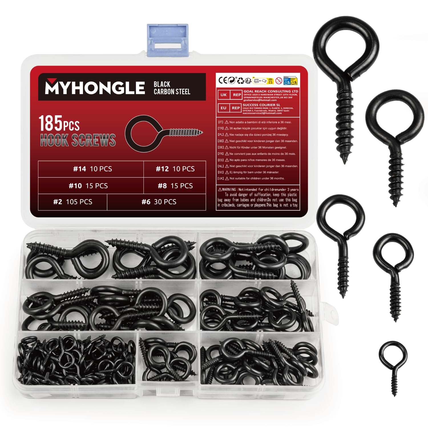 MYHongLe 185 Pcs Eye Bolts Screw in Hooks for Hanging, Heavy Duty Eye Hooks Screw, Eye Screws for Wood, Hanging Plants Garden Lights Lifting and Securing Cables Wires Indoor Outdoor Use ( Black-185)