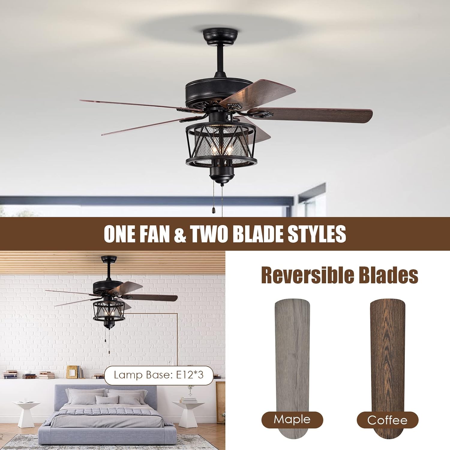 Tangkula 50-Inch Ceiling Fan with Lights, Indoor Ceiling Fan with Pull Chain Control, Mute Motor, Reversible Fan Light with 3-Speed Adjustable, ETL Listed for Living Room, Bedroom, Kitchen (Coffee)