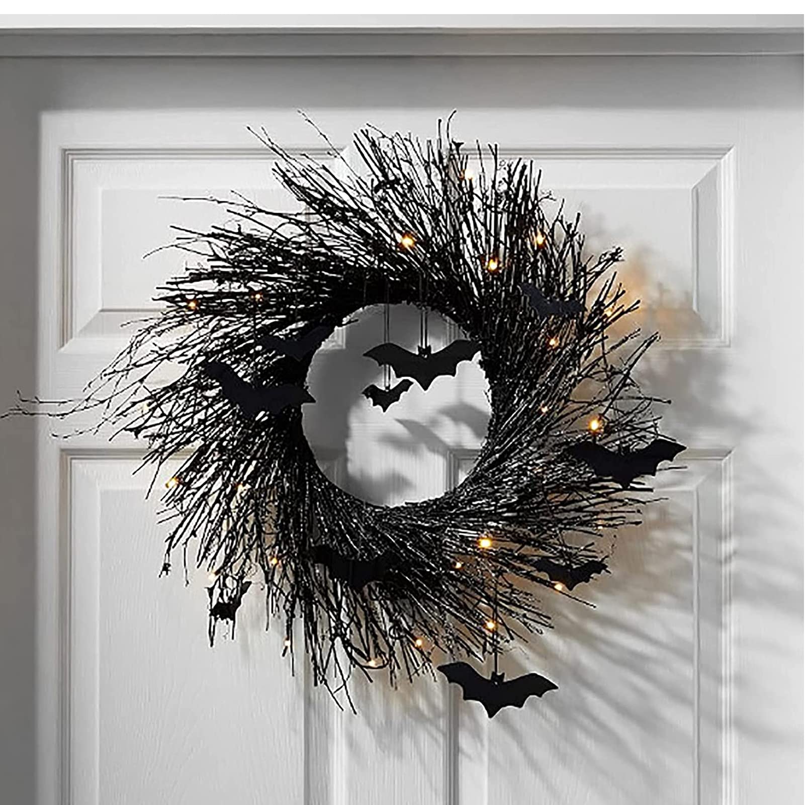 Light-Up Black Bats Garlands Halloween Decorations, Halloween Hanging Glitter Wreath Pendant Ornaments for Outdoor Home Decor Haunted House Welcome Front Door Party Ornaments