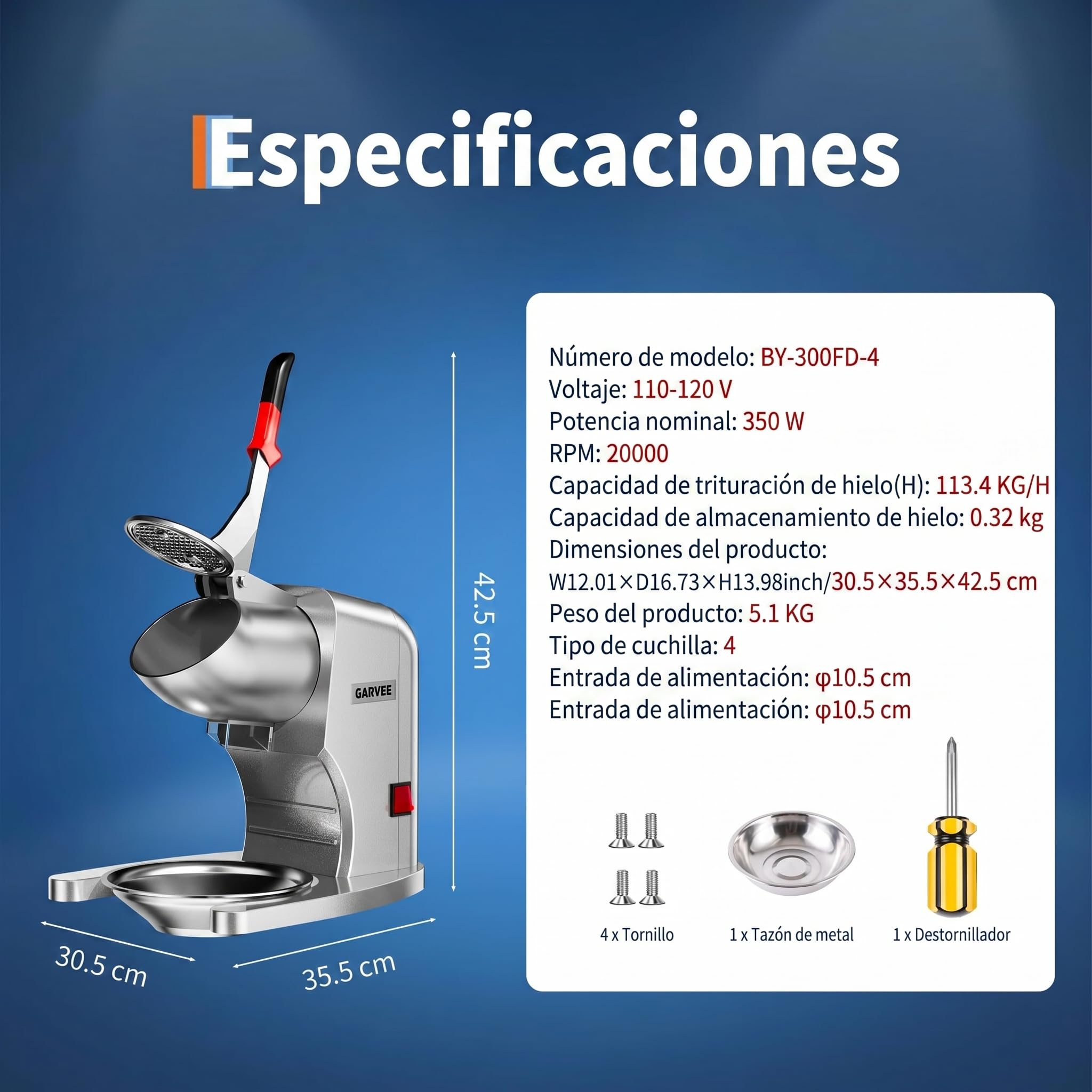 GarveeLife Picadores de Hielo 300W, 4 Cuchillas INOX, 100kg/h, Plateado | Picadores de hielo 300W 100kg/h, acero inox 4 cuchillas, nieve fina para granizados cócteles y postres, plateado.