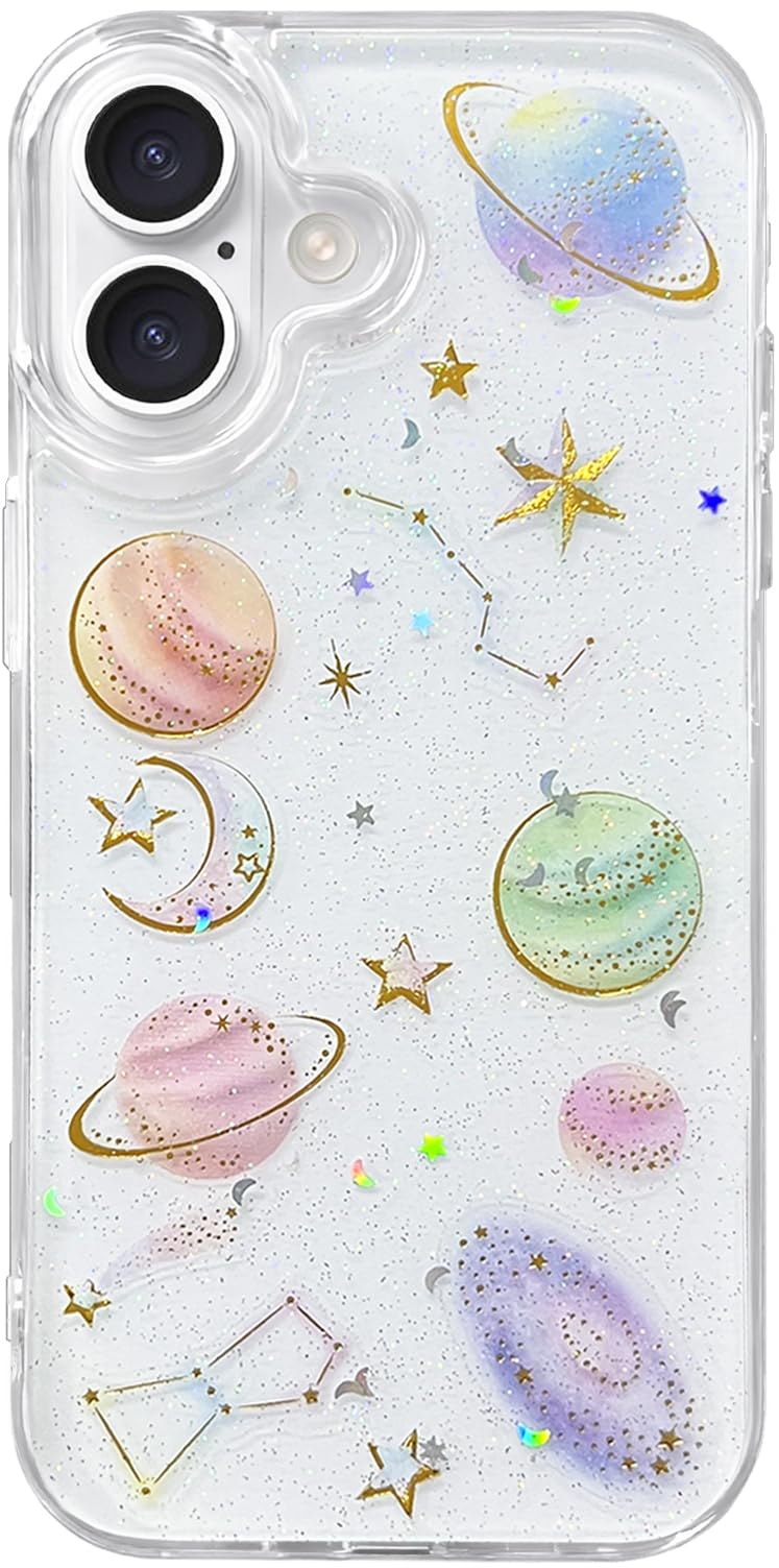 for iPhone 17 Case Glitter Clear with Planet Design Cute Girly Women Aesthetic Bling Sparkle Stars Moon Transparent Soft TPU Kawaii Shockproof Protective Phone Cover (Space Theme)