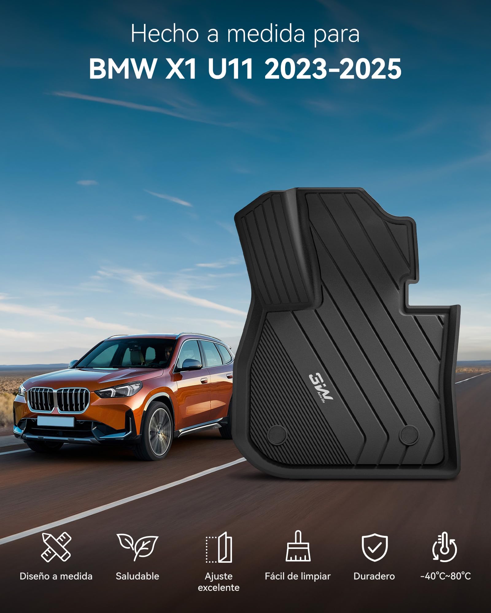 3W Alfombrillas de Coche para BMW X1 U11 2023-2026(Non para xDrive25e PHEV), Thorex™ Alfombrilla para Todo Tipo de Clima para BMW X1 la 1ª y 2ª Fila Juego Completo, Admite Perros, Accesorios, Negro