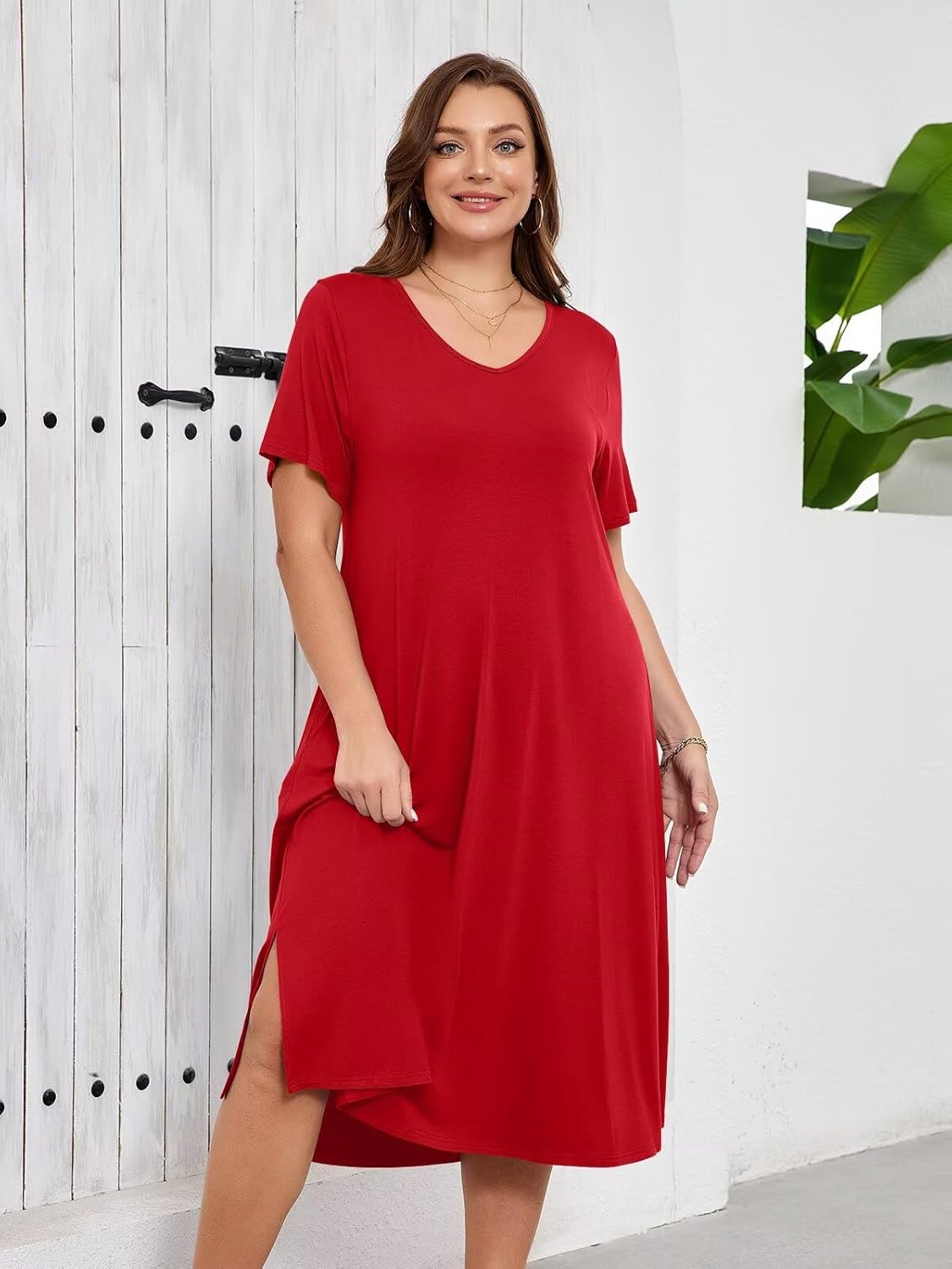 BELAROI Women Plus Size Dresses Summer Casual Midi Tshirt Dress V Neck Short Sleeve Long Maxi Side Split Pockets - Image 2
