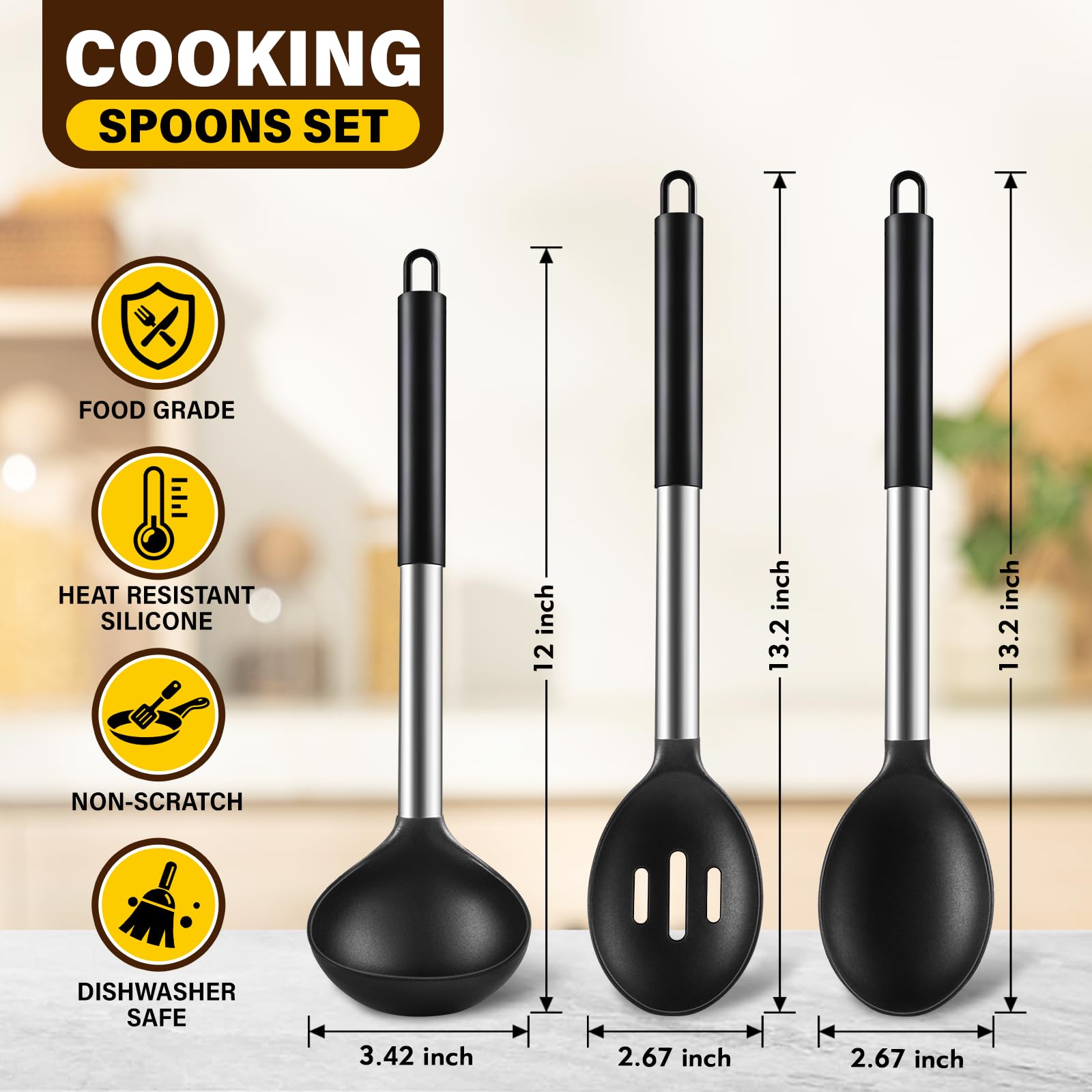 Silicone Cooking Spoon Set - 3 Piece Kitchen Utensils -2