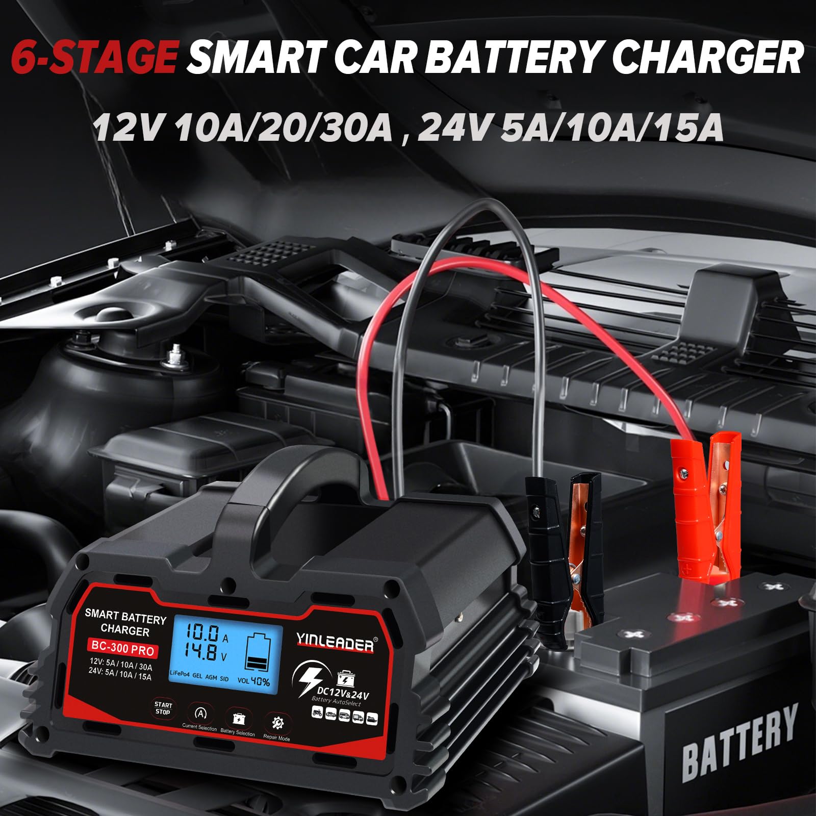 Cargador de batería inteligente 30 A, 12 V/24 V de plomo-ácido, cargador de batería de coche LiFePO4 12 V, sostenedor automático de batería para coche, motocicleta, cortacésped, barco