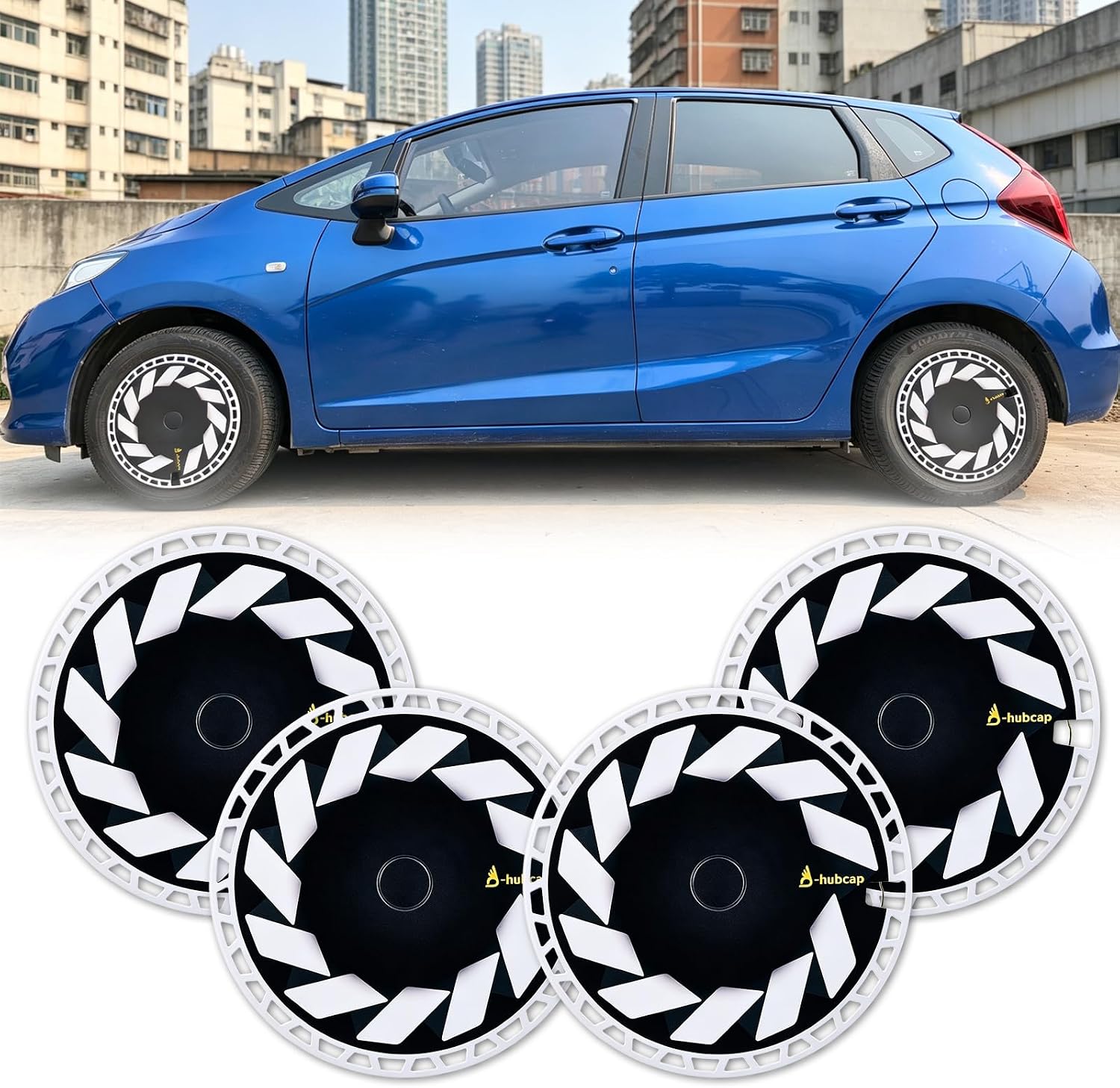 16-Inch UV Painted Universal Flat Hubcaps, Snap-On Design ABS Plastic Wheel Covers, Durable Automotive Wheel Hub Caps Fit for 16’’ Standard Steel Wheels, Black & White Set of 4 -UV002 Style