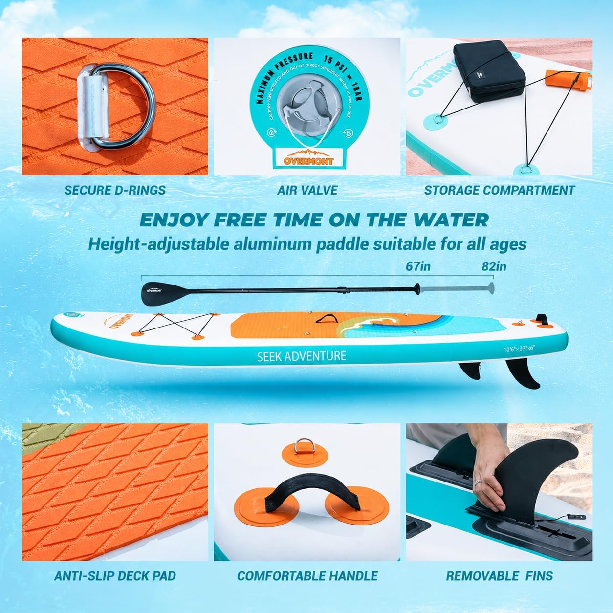 Overmont Inflatable Stand Up Paddle Board with Premium SUP Accessories, 10’6’’ Wide Durable Design, Non-Slip Stable Deck for Youth & Adults of All Skill Levels, Leash Paddle & Pump Included