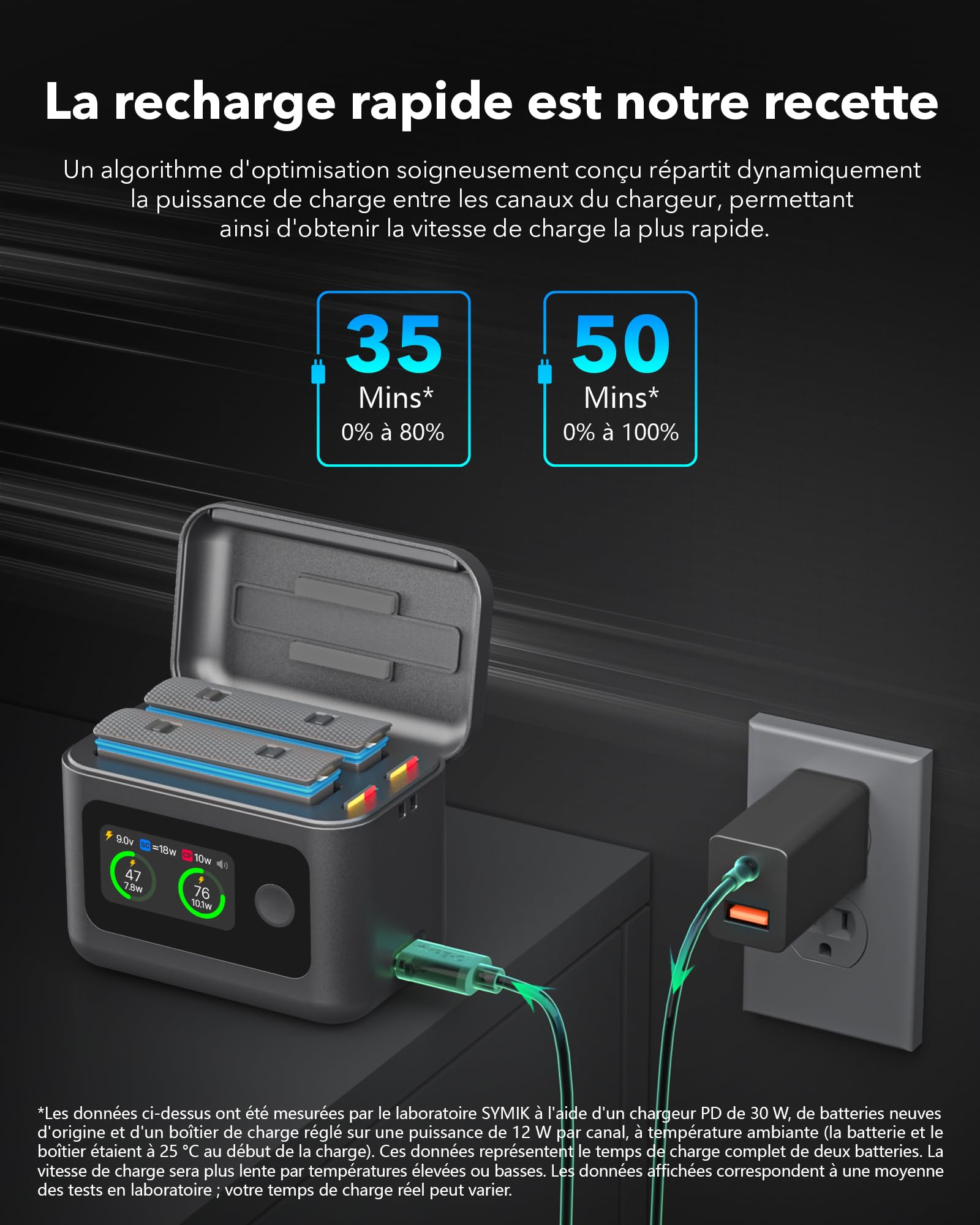 SYMIK Chargeur de Batterie pour Insta360 X4 Air, Boîtier Charge Rapide 27W | Double Slot avec Écran LCD, Hub de Charge Intelligent Bidirectionnel pour Batterie 360 X4 Air, Affiche le SOC de la Batterie