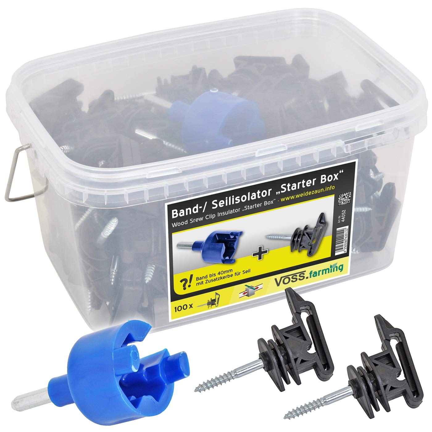 VOSS.farming Scatola 100 pz Starter Box, contenente isolatori per Nastri da Recinzione elettrica, isolatori per Corde da Recinzione elettrica, Un Avvitatore Manuale